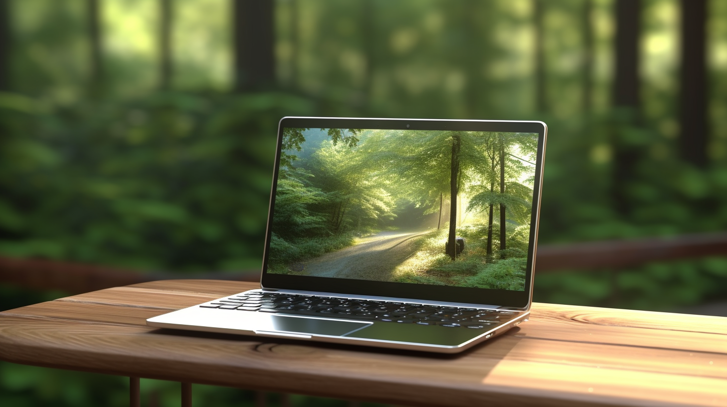 laptop outside on wooden table with forest background