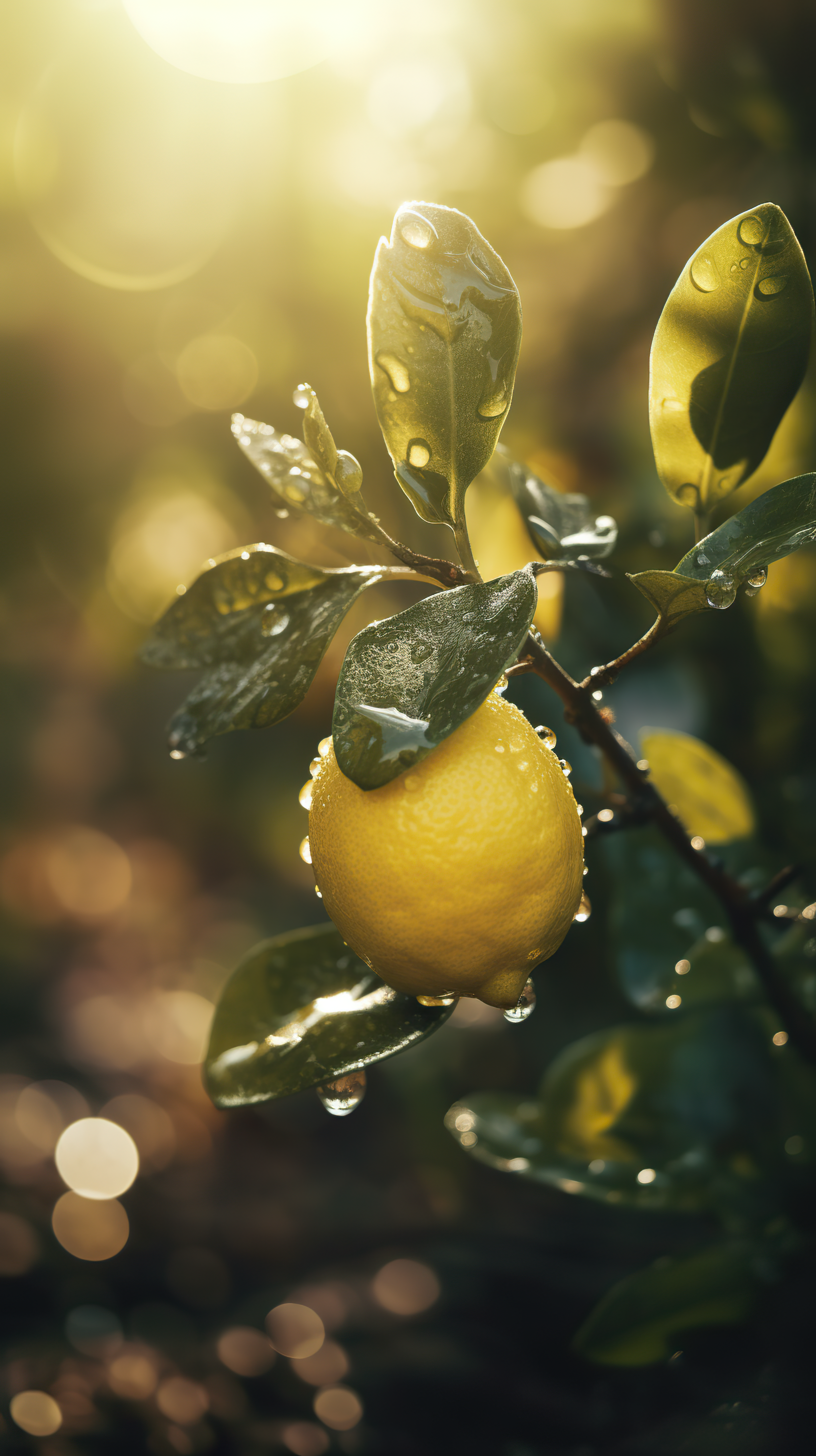 lemon tree with water drops and meadow background