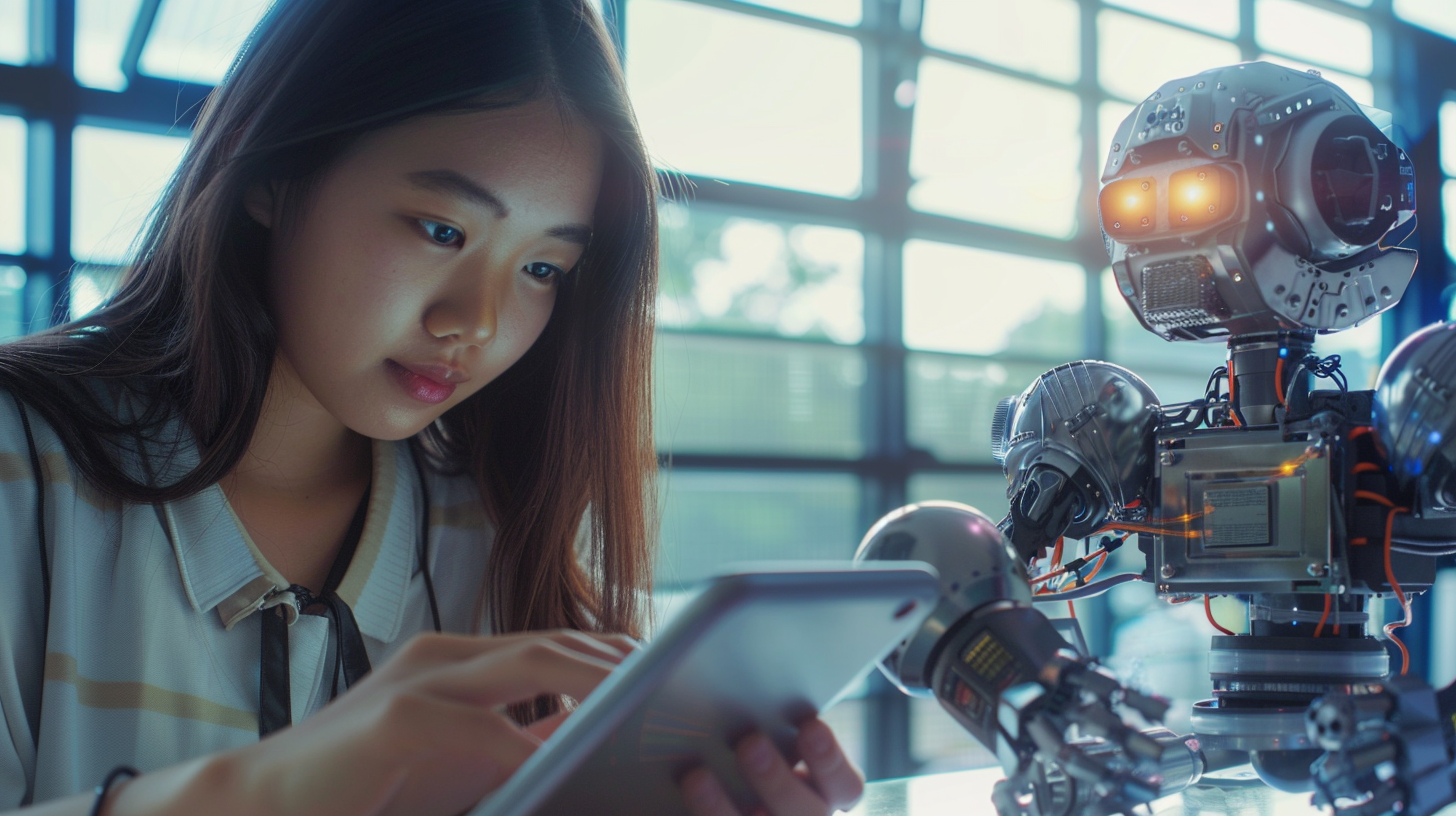 A beautiful asian university student holding an ipad and next to a futuristic robot, AI Generative