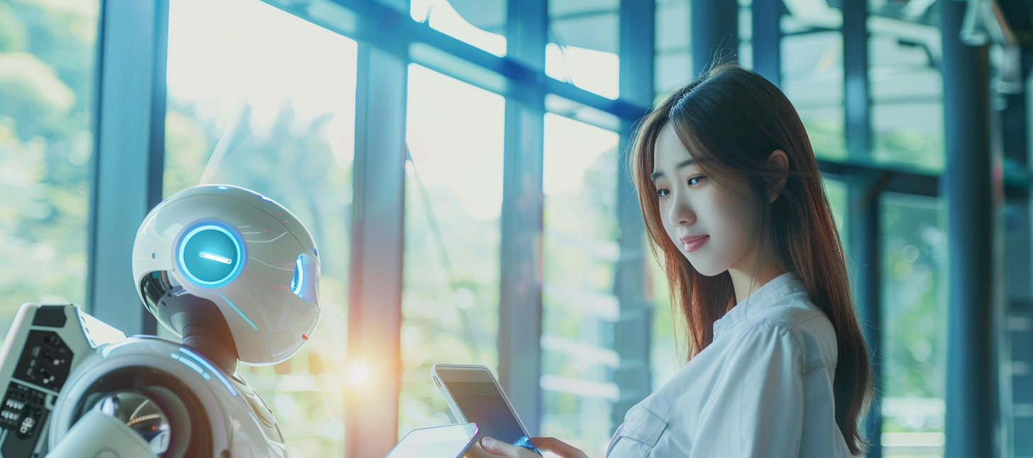 A beautiful asian university student holding an ipad and next to a futuristic robot, AI Generative
