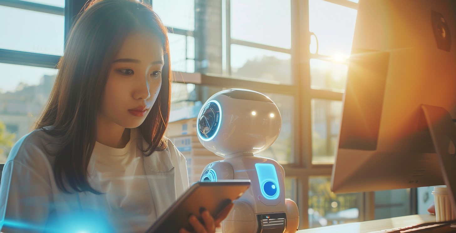 A beautiful asian university student holding an ipad and next to a futuristic robot, AI Generative