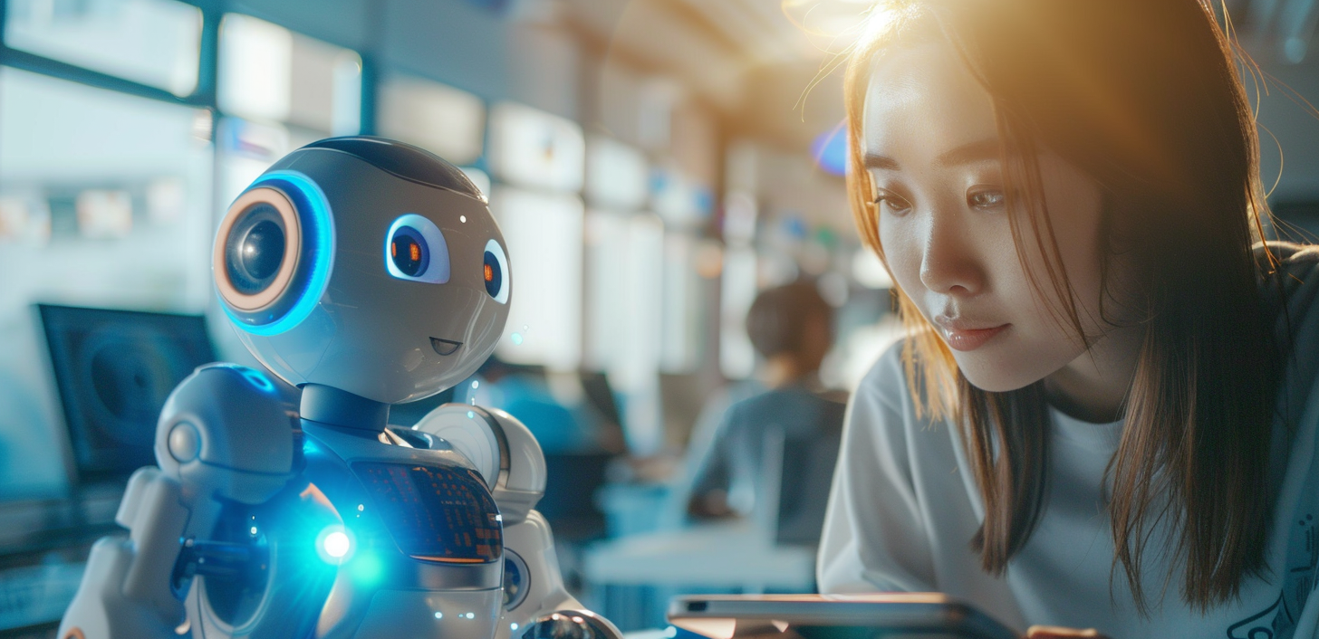 A beautiful asian university student holding an ipad and next to a futuristic robot, AI Generative