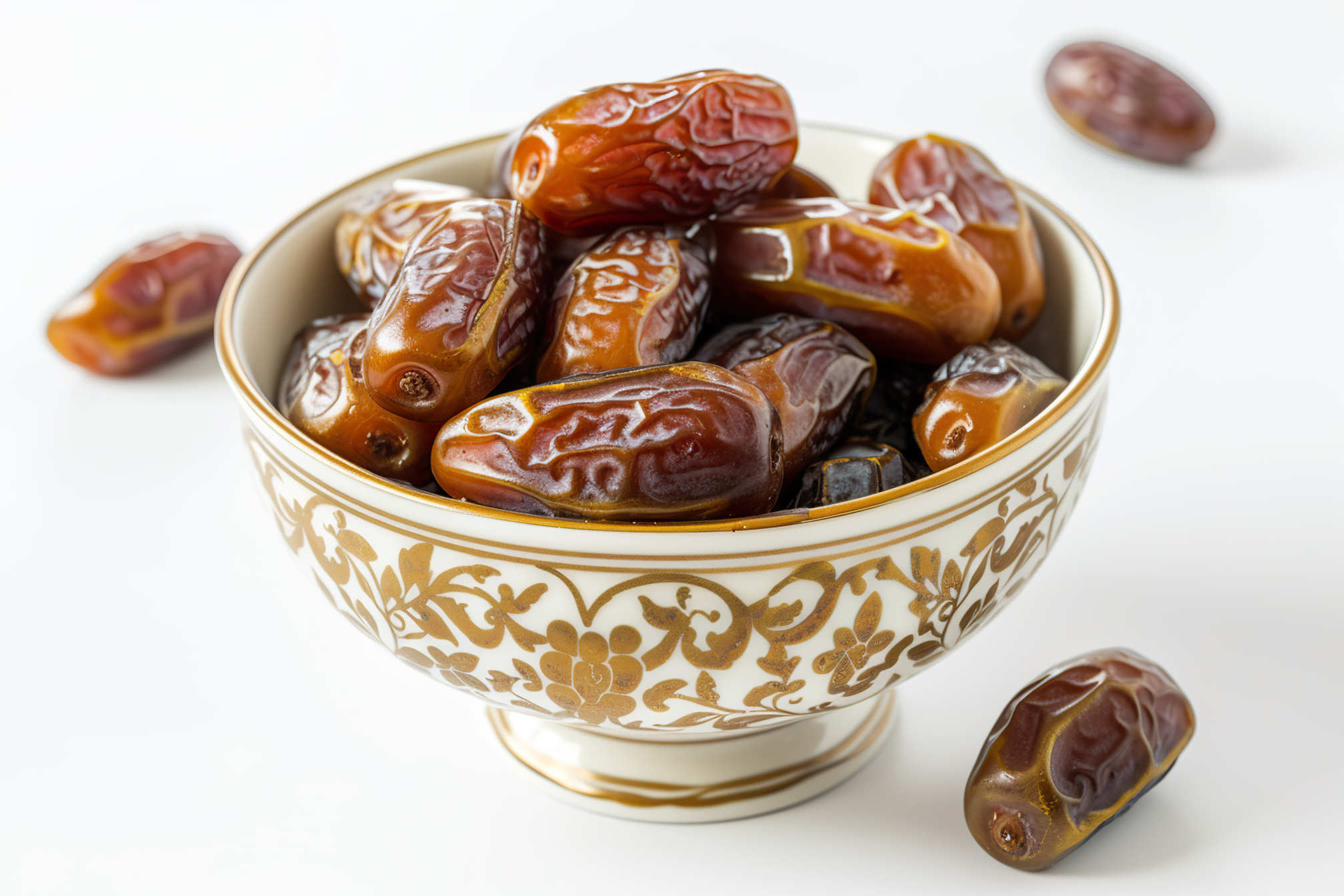 A bowl full of dates on white background