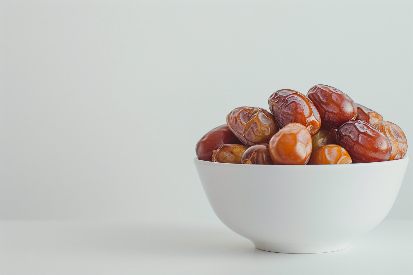 A bowl full of dates on white background