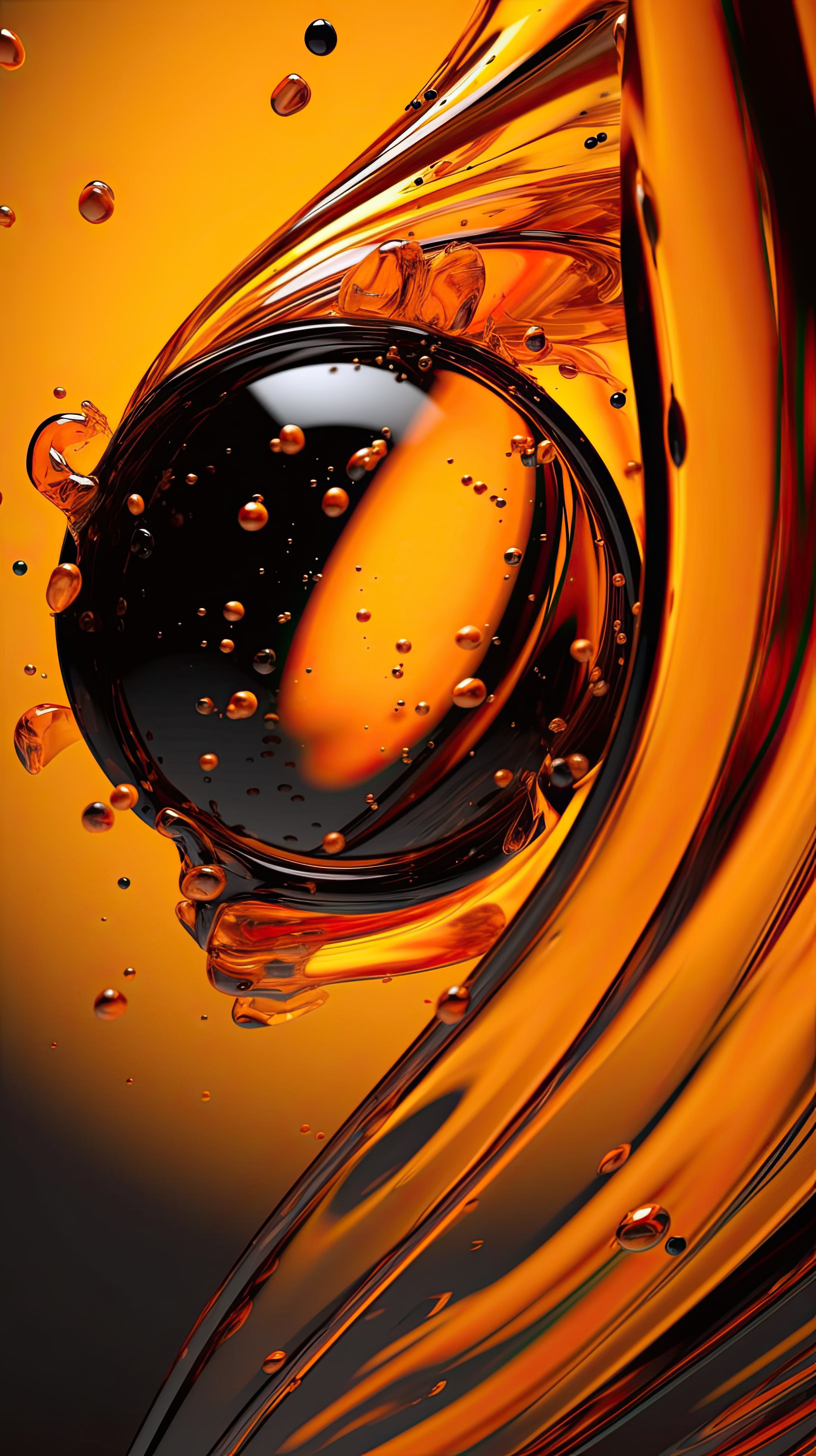 Abstract splash of orange oily liquid on dark orange background