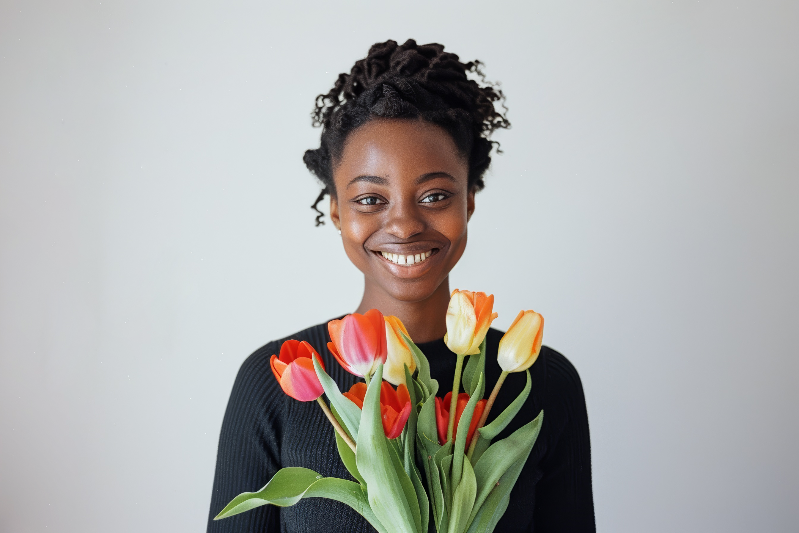 African young women holding a bouquet tulips, Generative AI