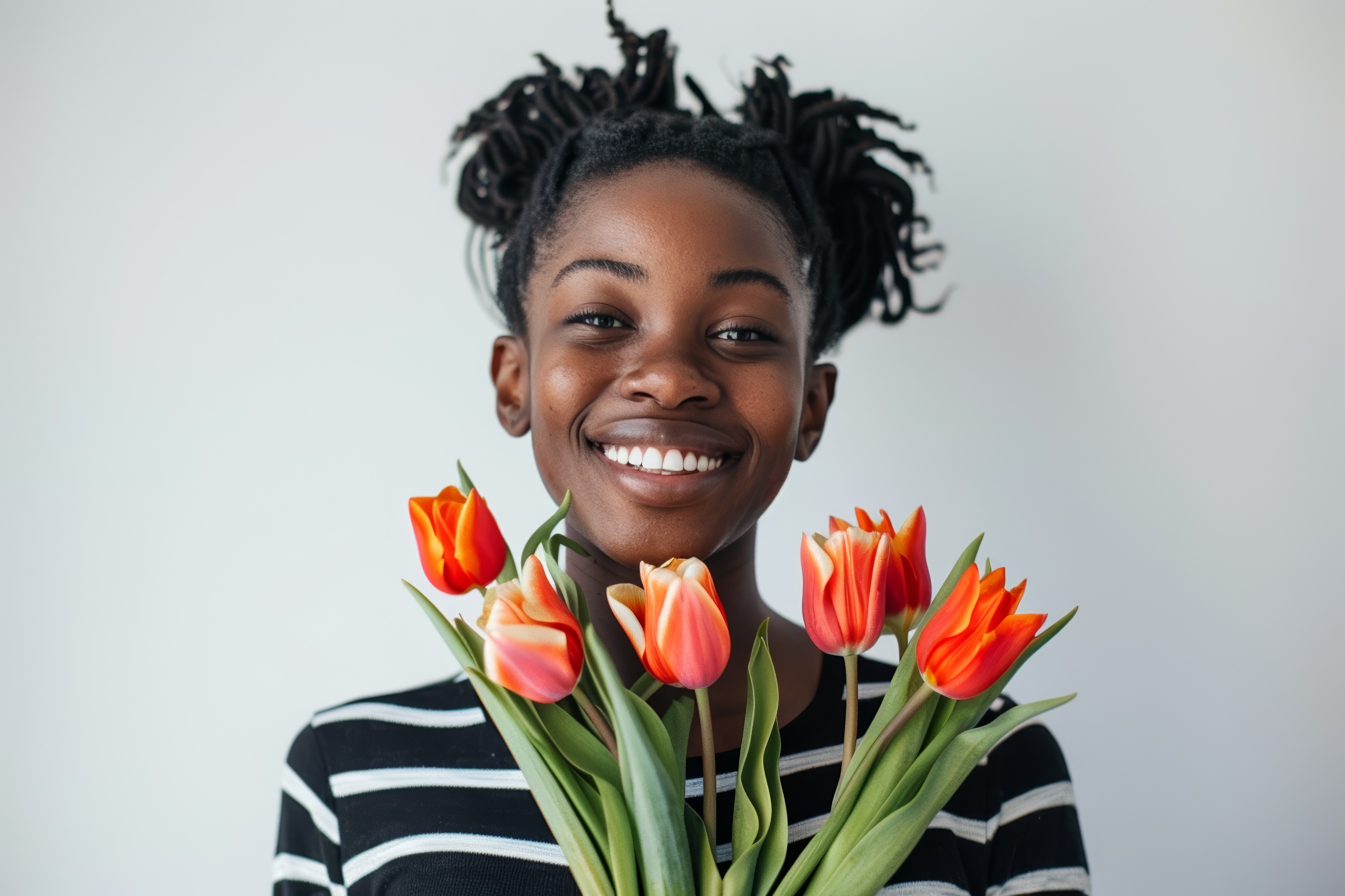 African young women holding a bouquet tulips, Generative AI