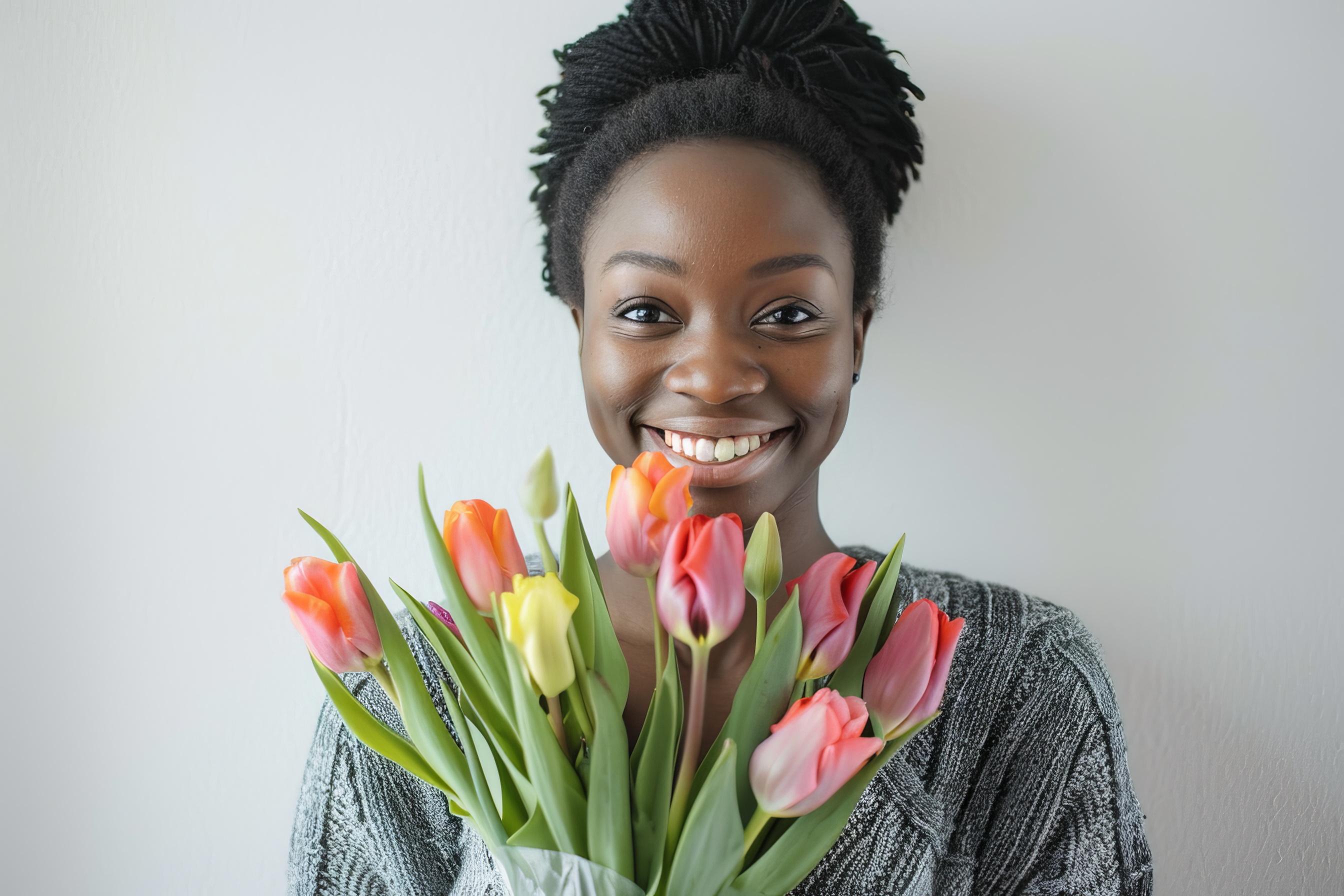 African young women holding a bouquet tulips, Generative AI