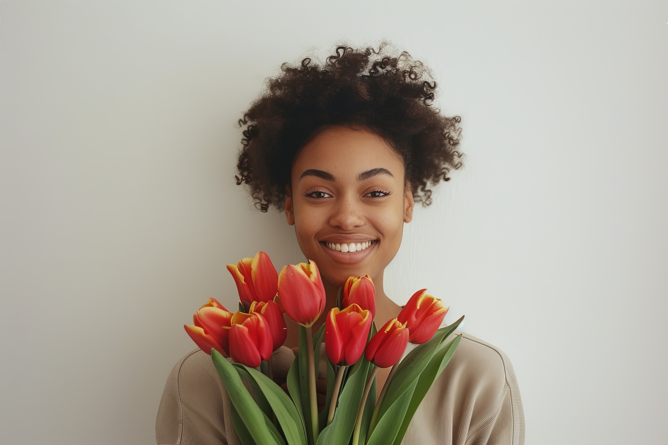 African young women holding a bouquet tulips, Generative AI