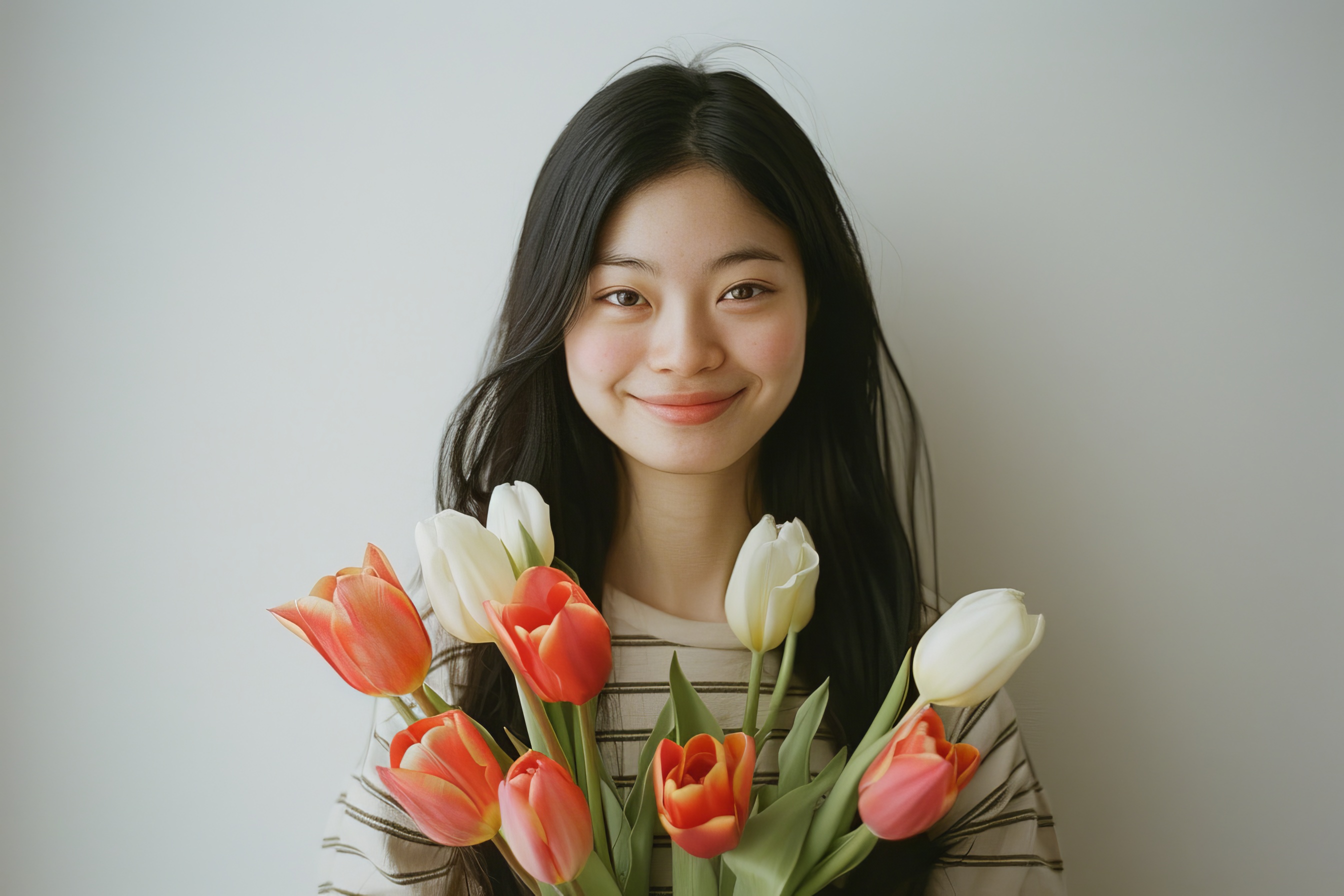 Asian young women holding a bouquet tulips, Generative AI