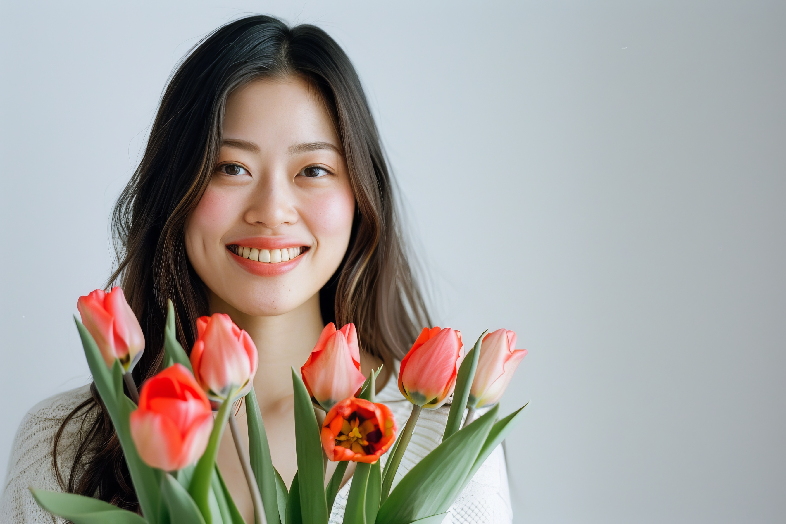 Asian young women holding a bouquet tulips, Generative AI