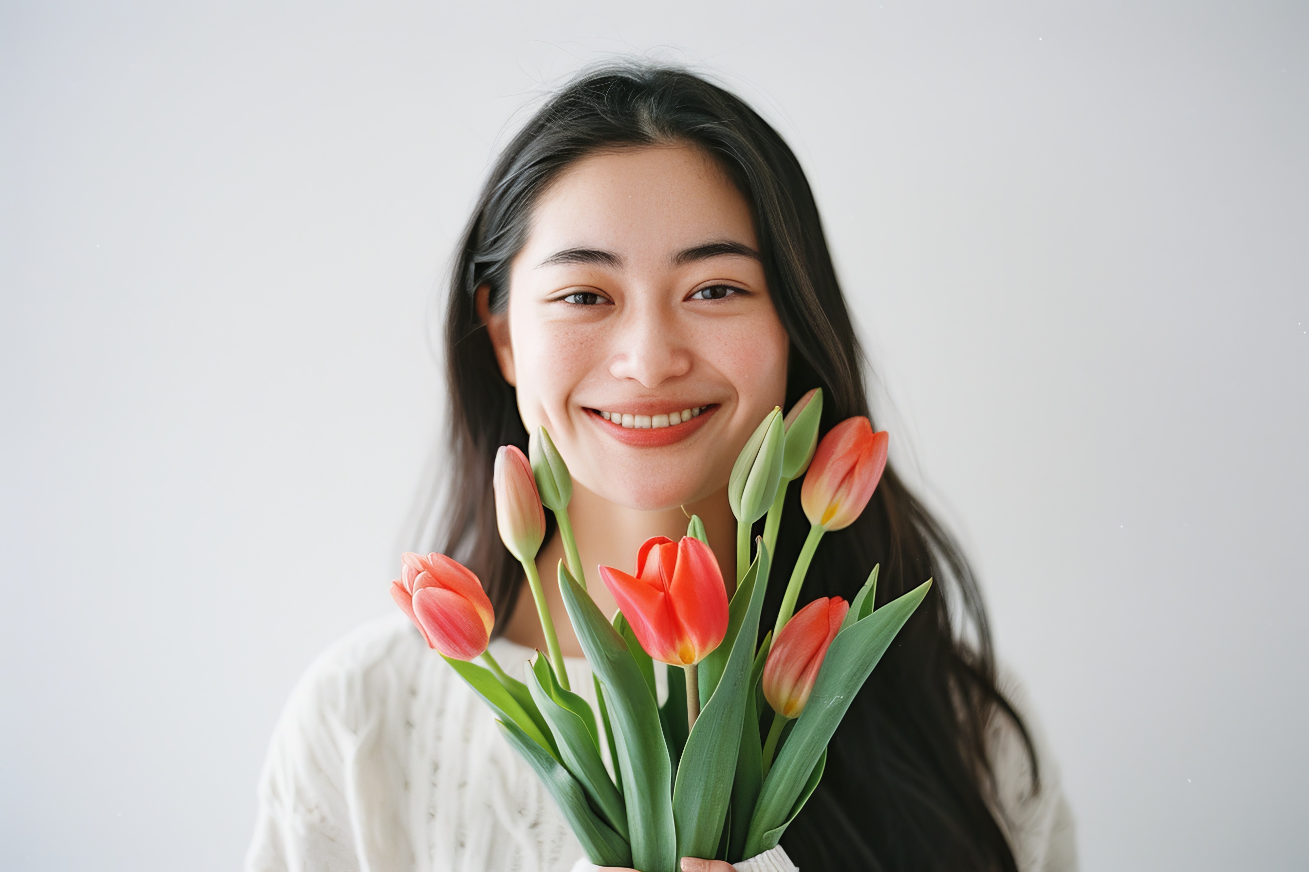 Asian young women holding a bouquet tulips, Generative AI