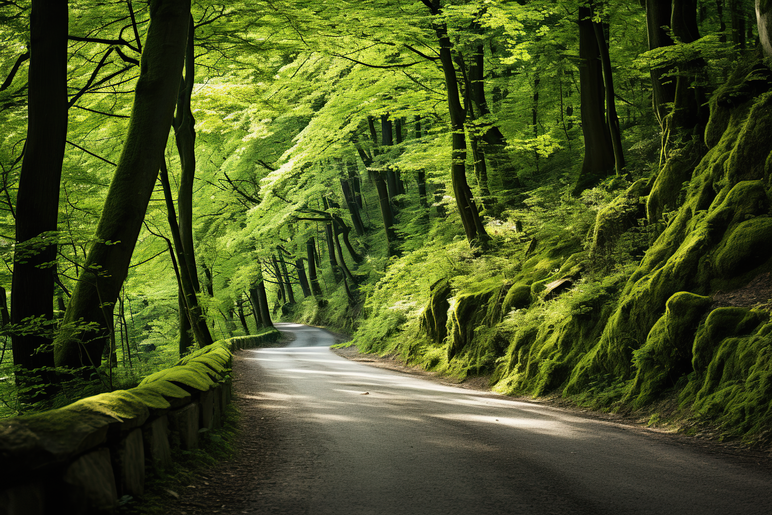 Asphalt road in beautiful green forest