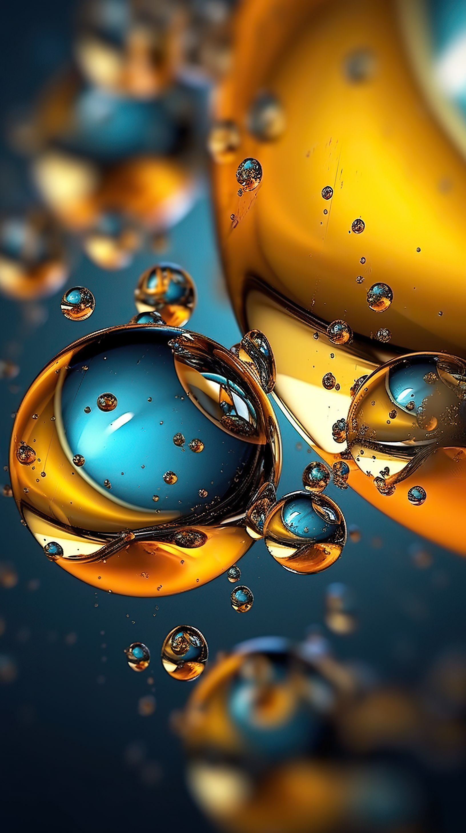 Background with drops in oil with blue and orange color