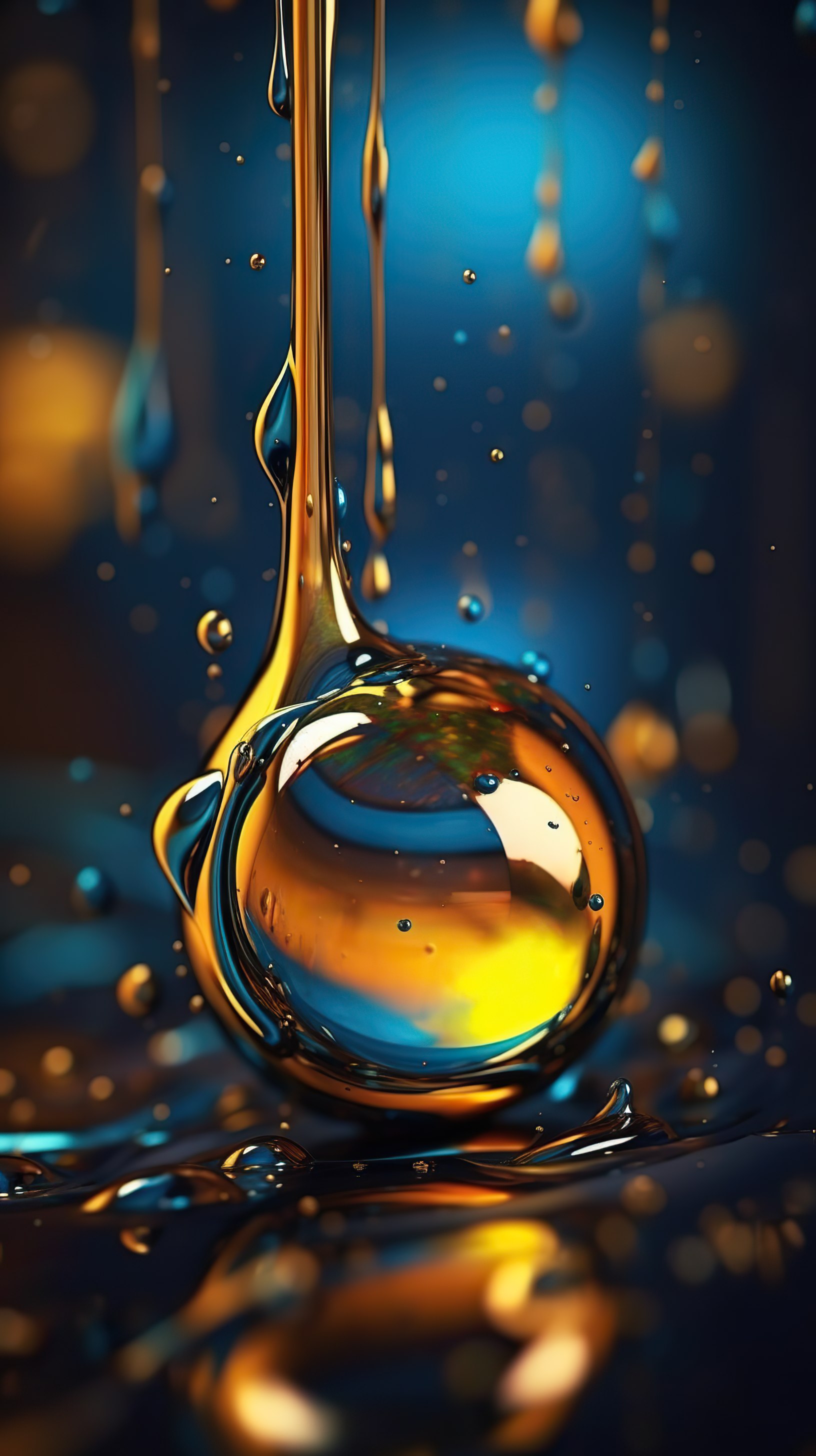 Background with drops in oil with blue and orange color