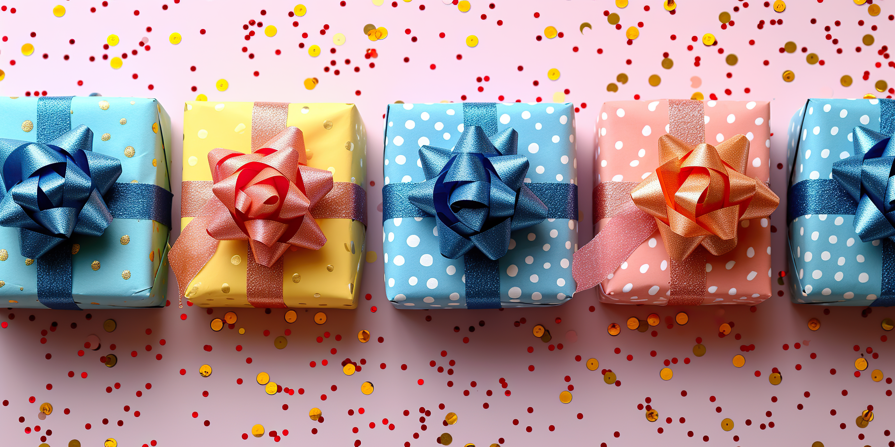 Banner Decorative composition of colorful gift boxes and confetti on blue background