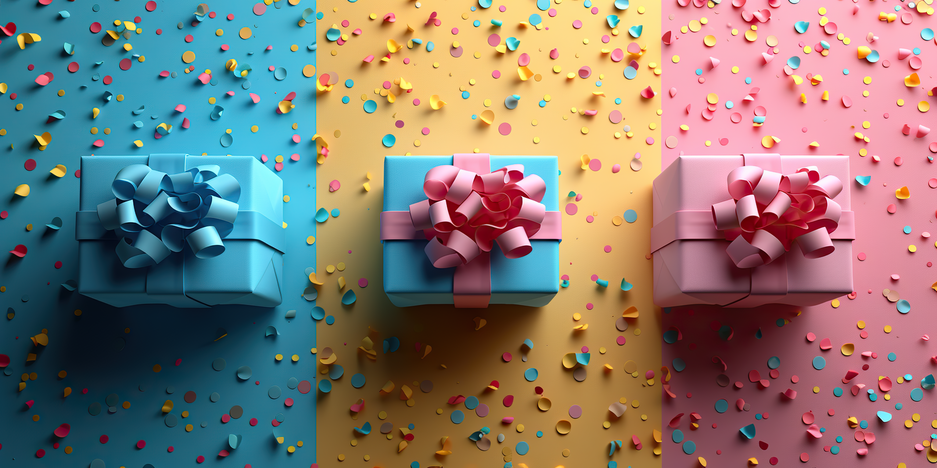 Banner Decorative composition of colorful gift boxes and confetti on blue background