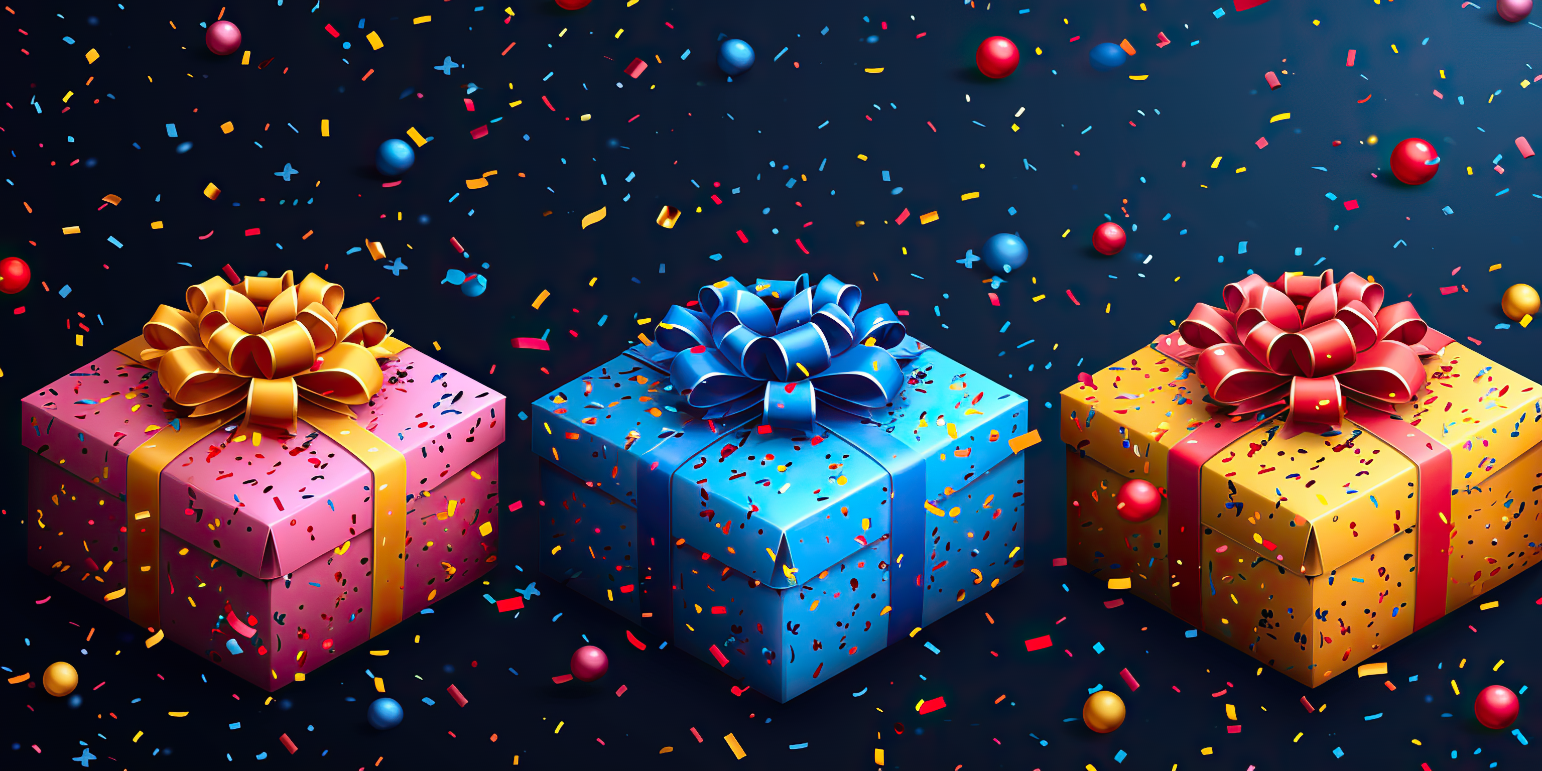 Banner Decorative composition of colorful gift boxes and confetti on blue background