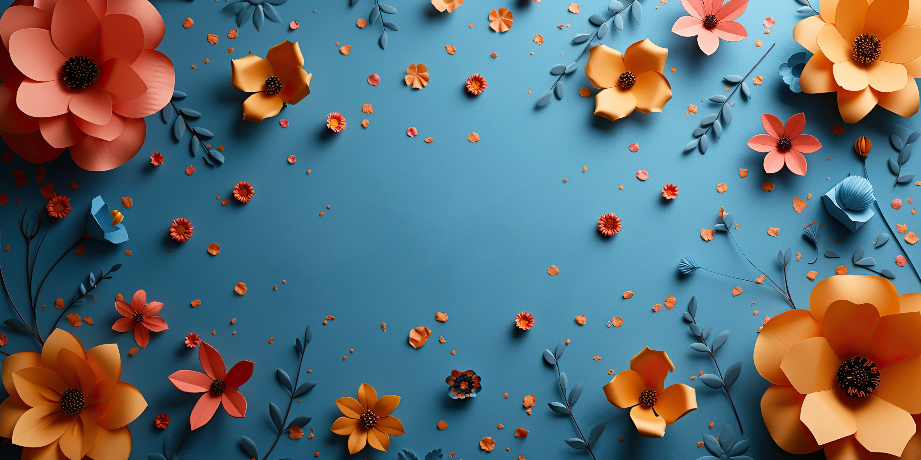 Banner colorful bright paper flowers. Decorating for a party and confetti on blue background