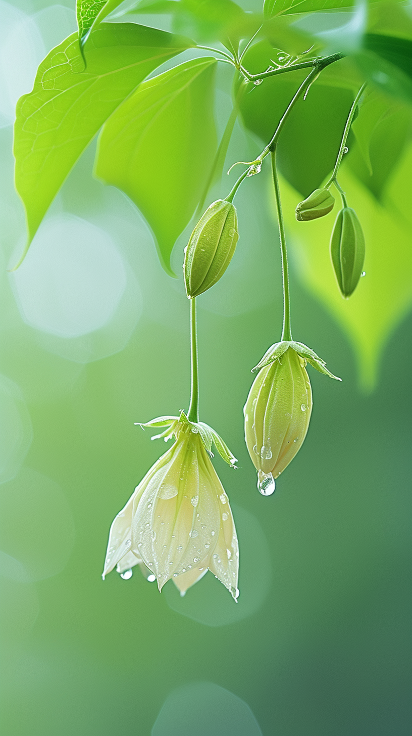 Beautiful flowers with dew drops are hanging