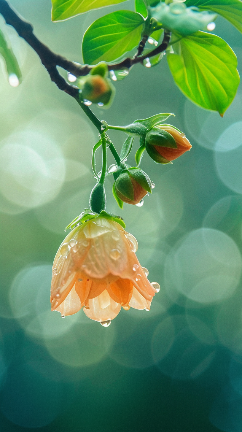 Beautiful flowers with dew drops are hanging