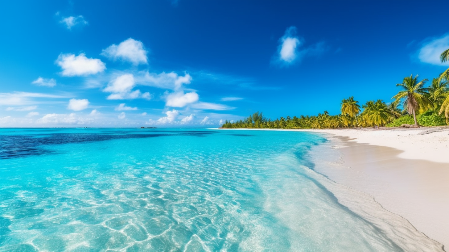 Beautiful tropical island with beach , sea , and coconut palm tree on blue sky