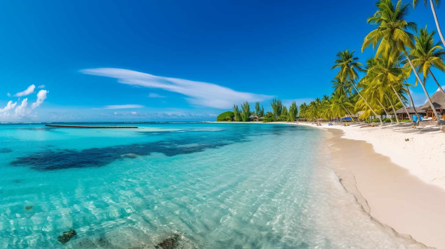 Beautiful tropical island with beach , sea , and coconut palm tree on blue sky