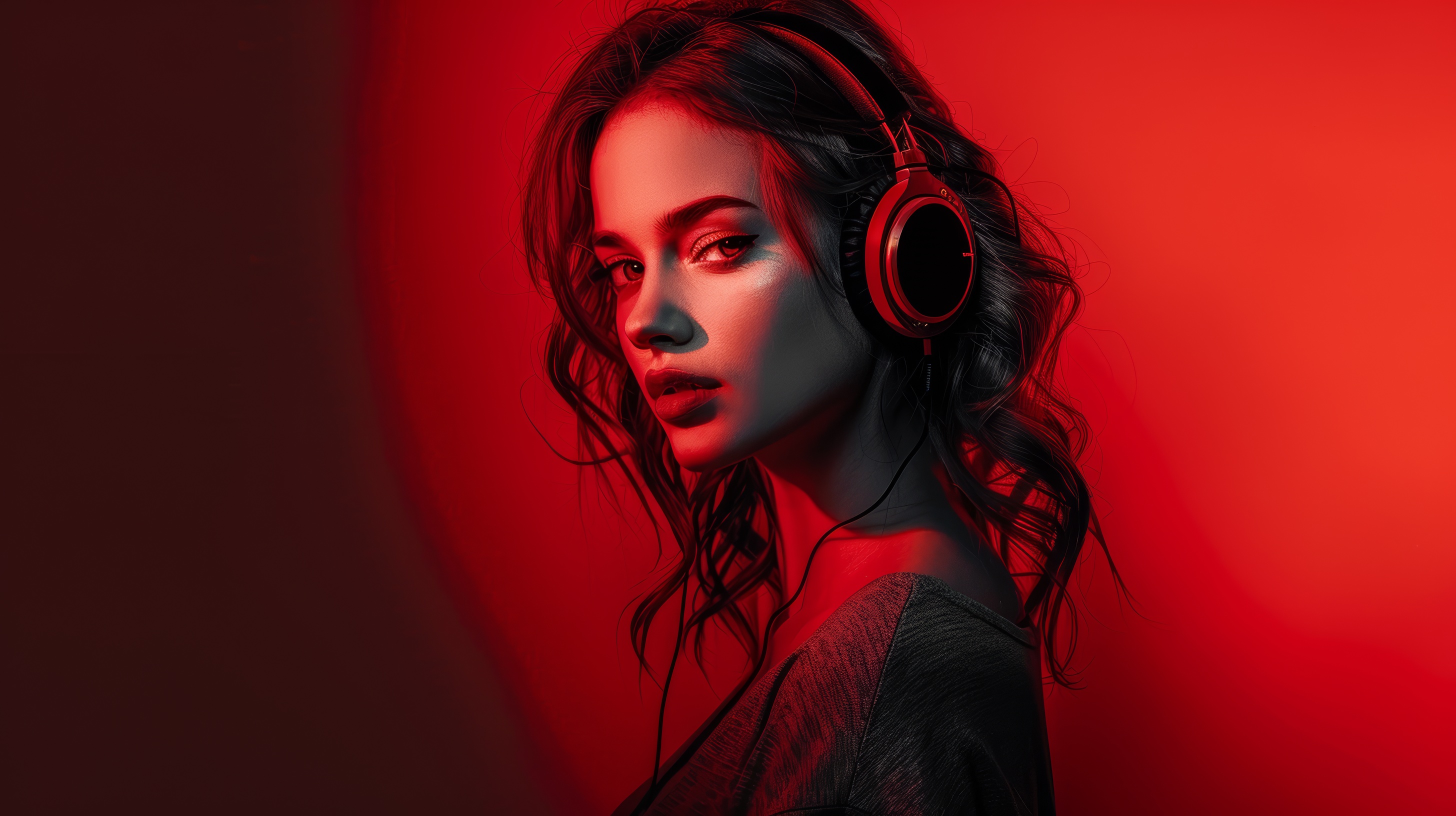 Beautiful young girl listening to music with headphones, Generative AI