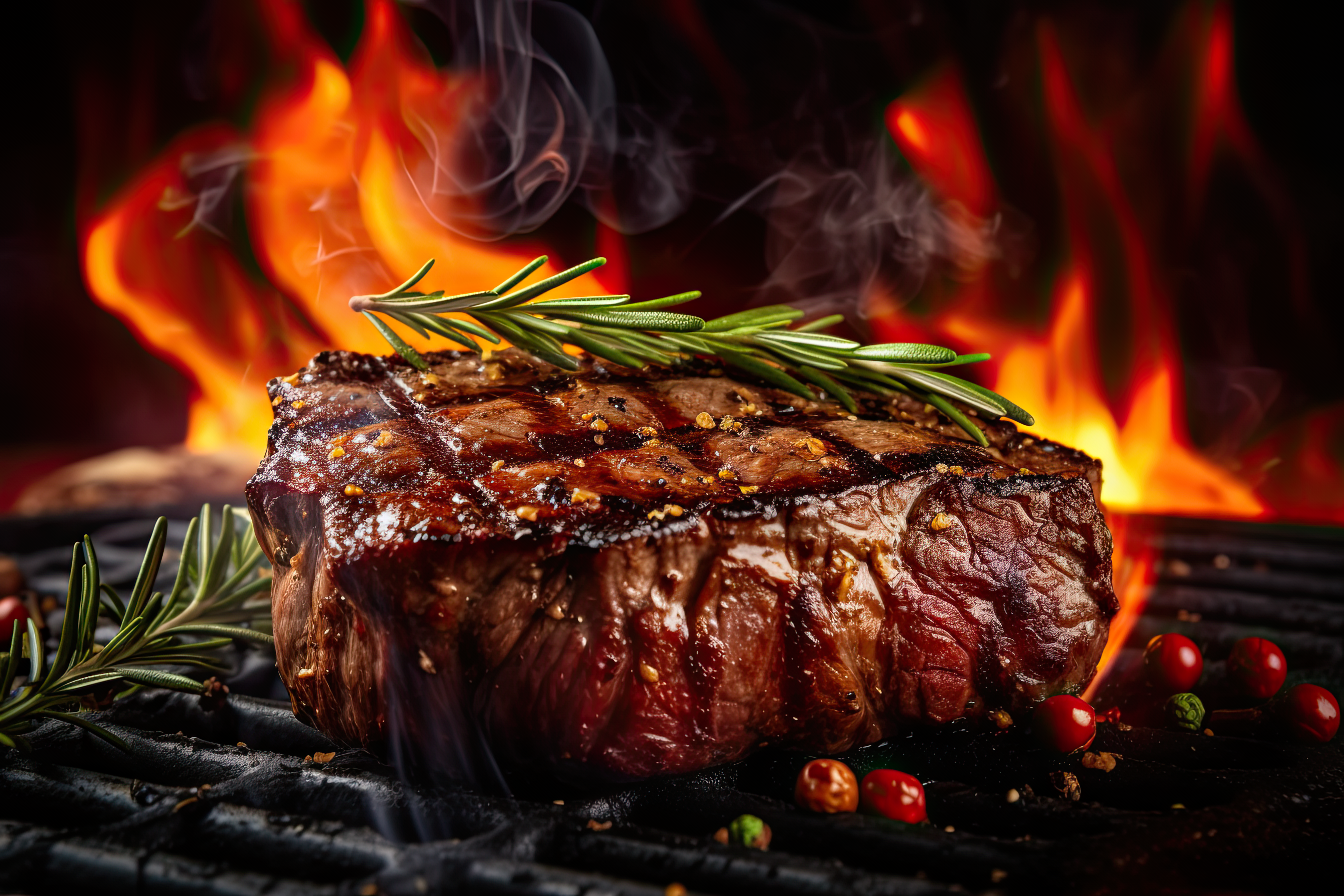 Beef steak on the grill with smoke and flames