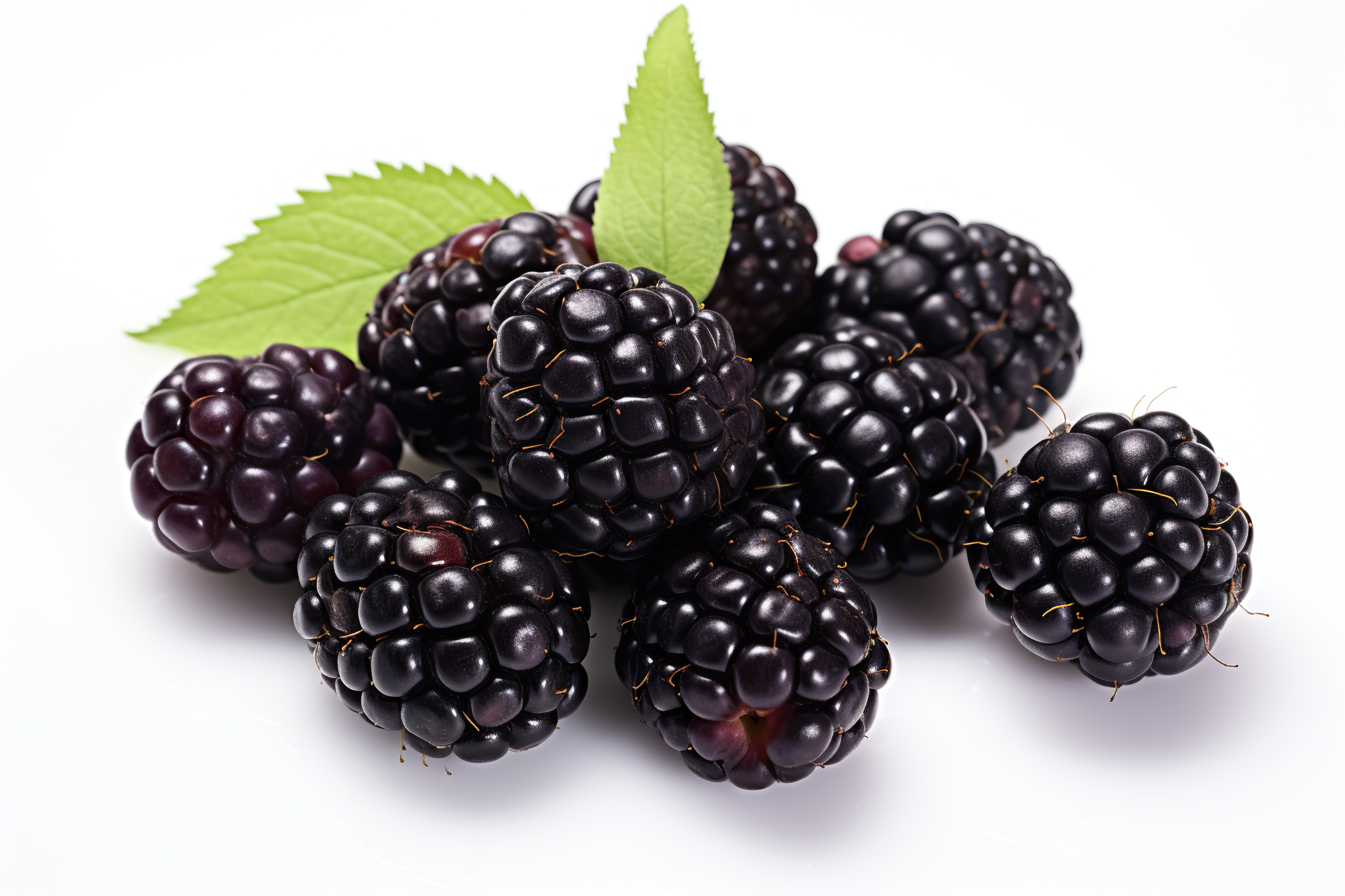 Blackberries with green leaves isolated on white background