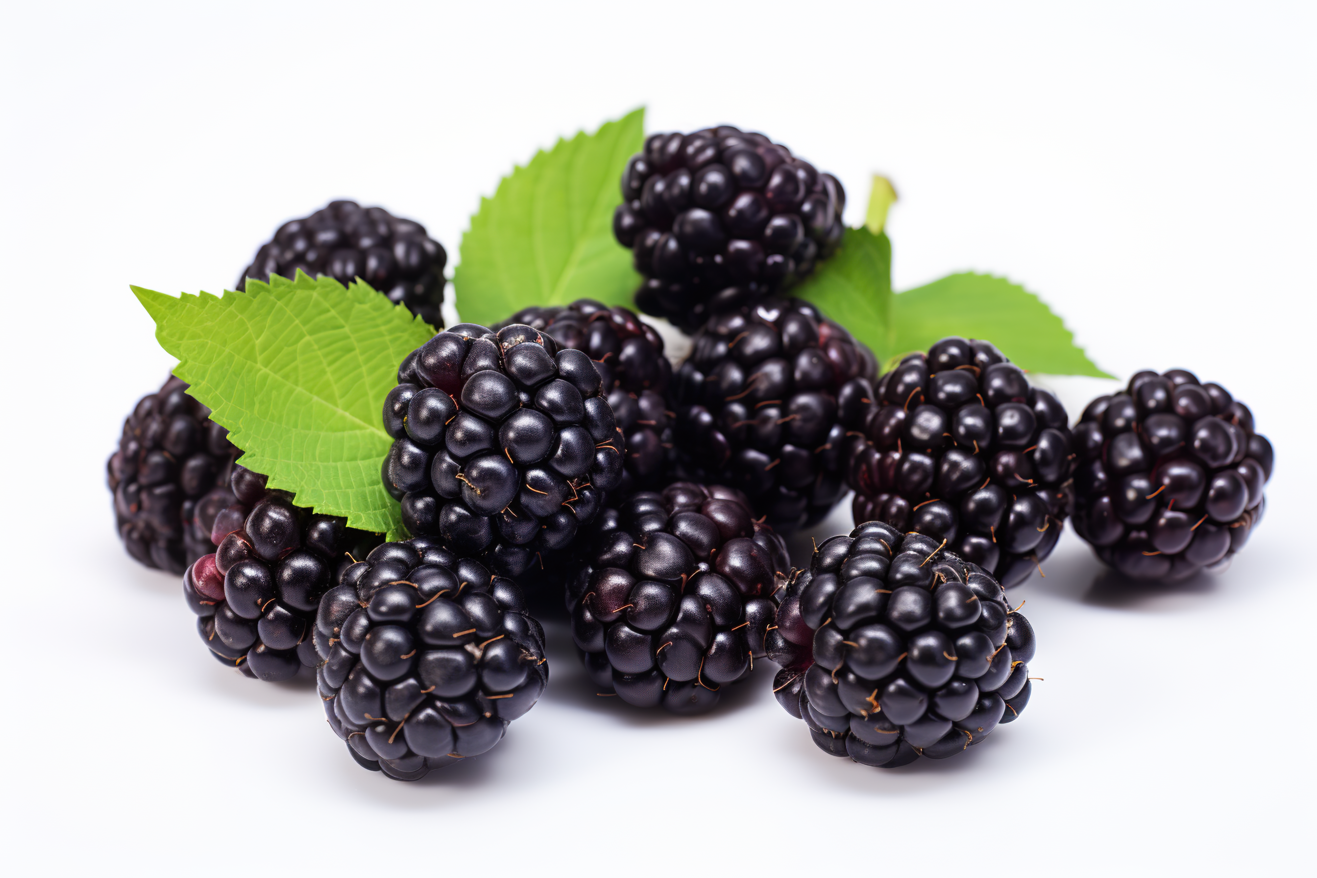 Blackberries with green leaves isolated on white background