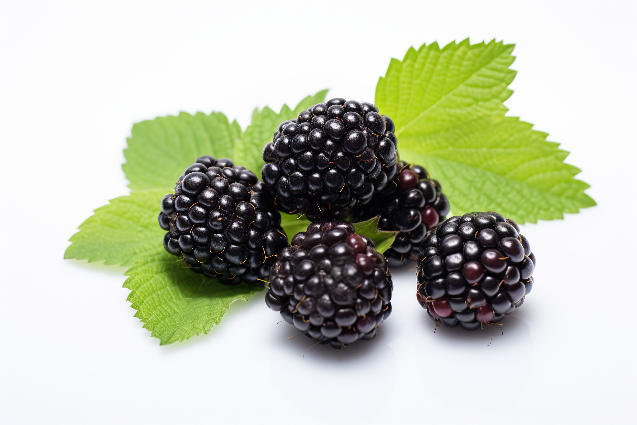 Blackberries with green leaves isolated on white background