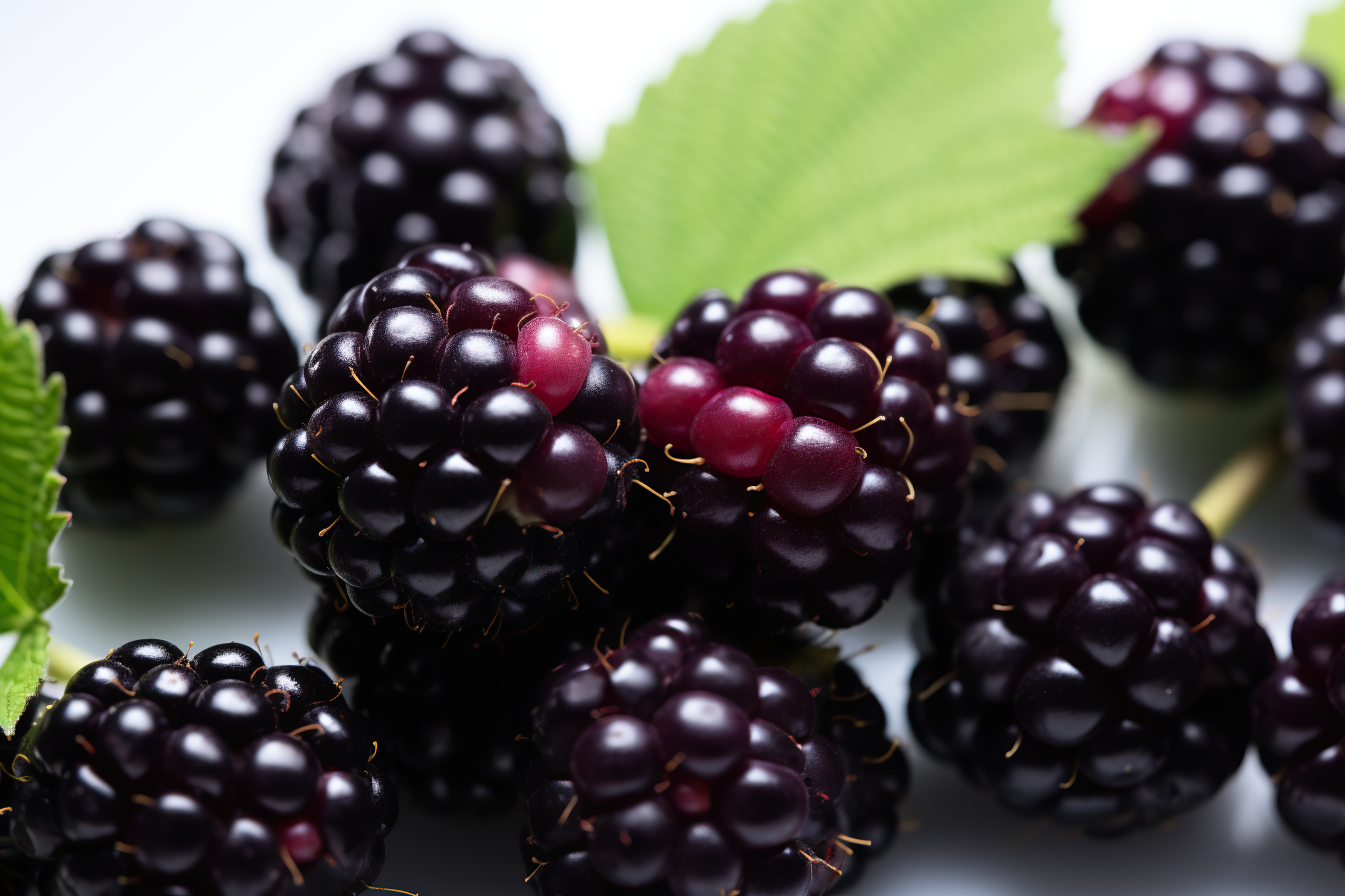 Blackberries with green leaves isolated on white background