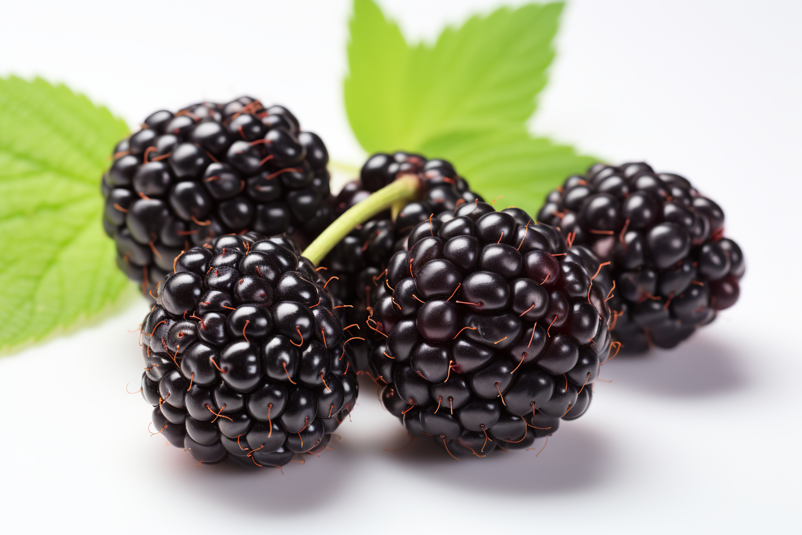 Blackberries with green leaves isolated on white background