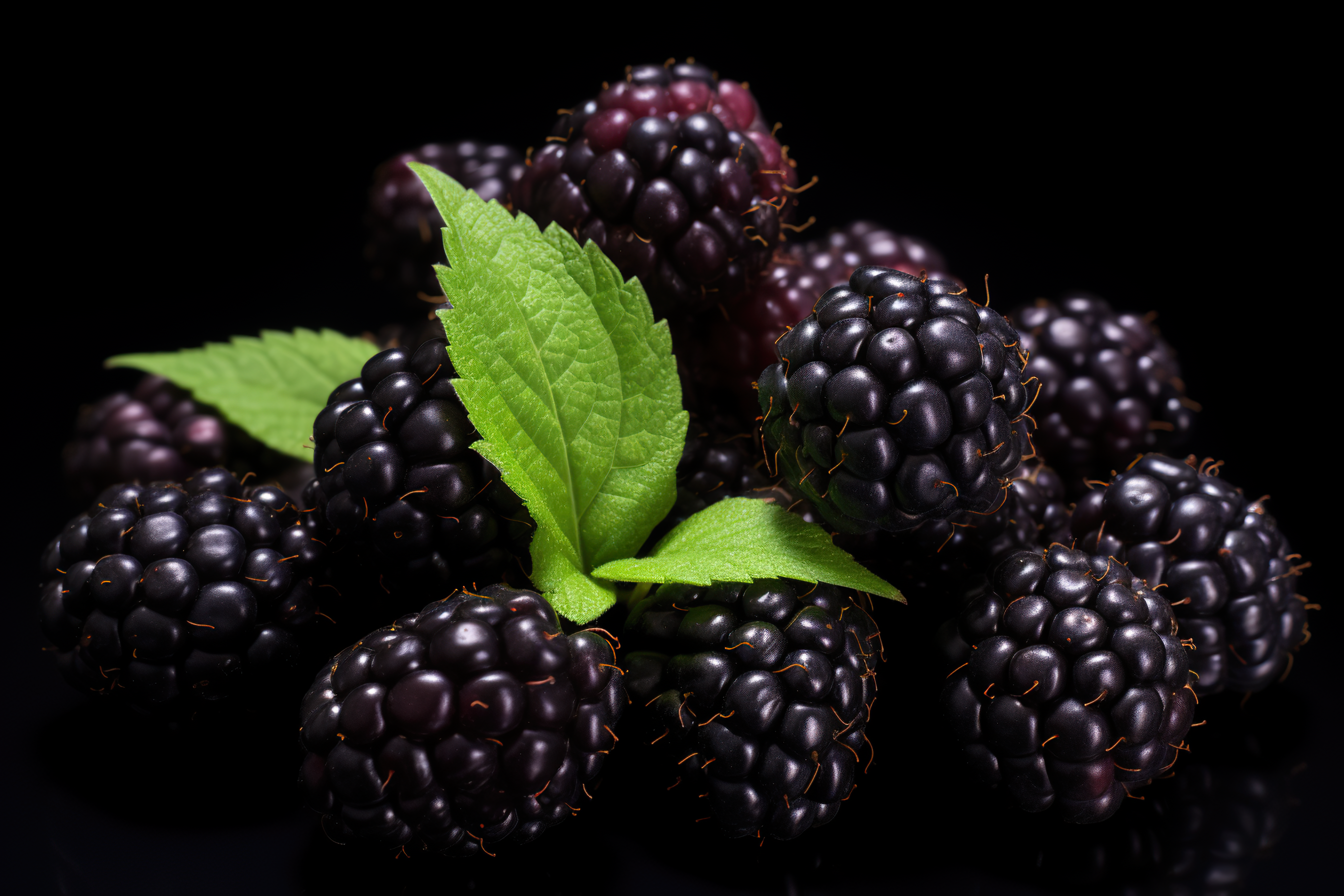 Blackberries with green leaves isolated on dark background