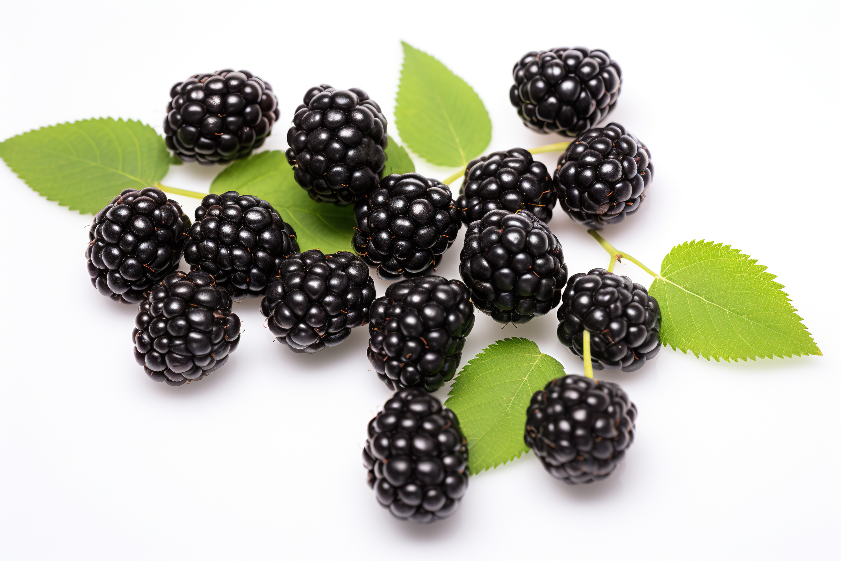 Blackberries with green leaves isolated on white background