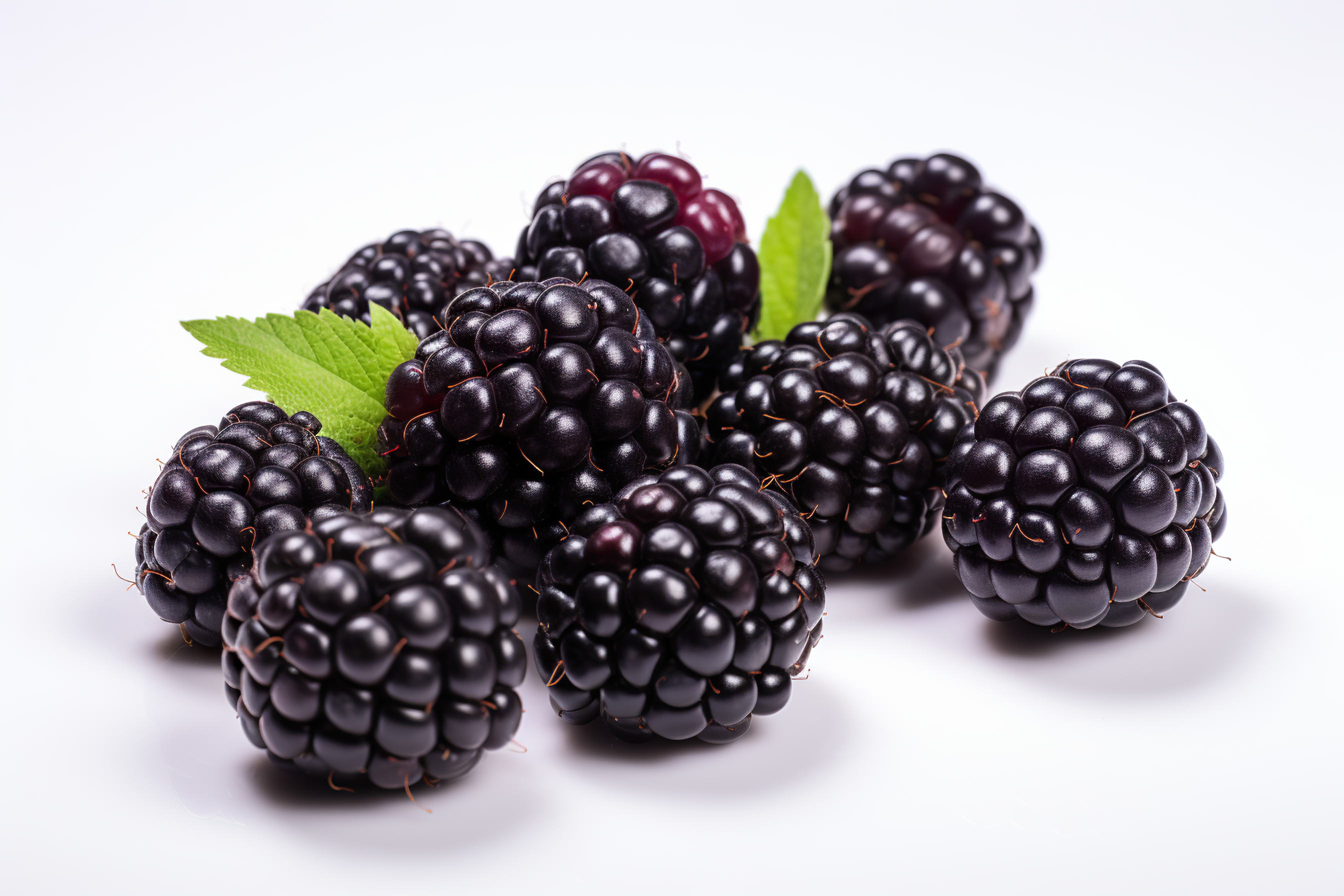 Blackberries with green leaves isolated on white background