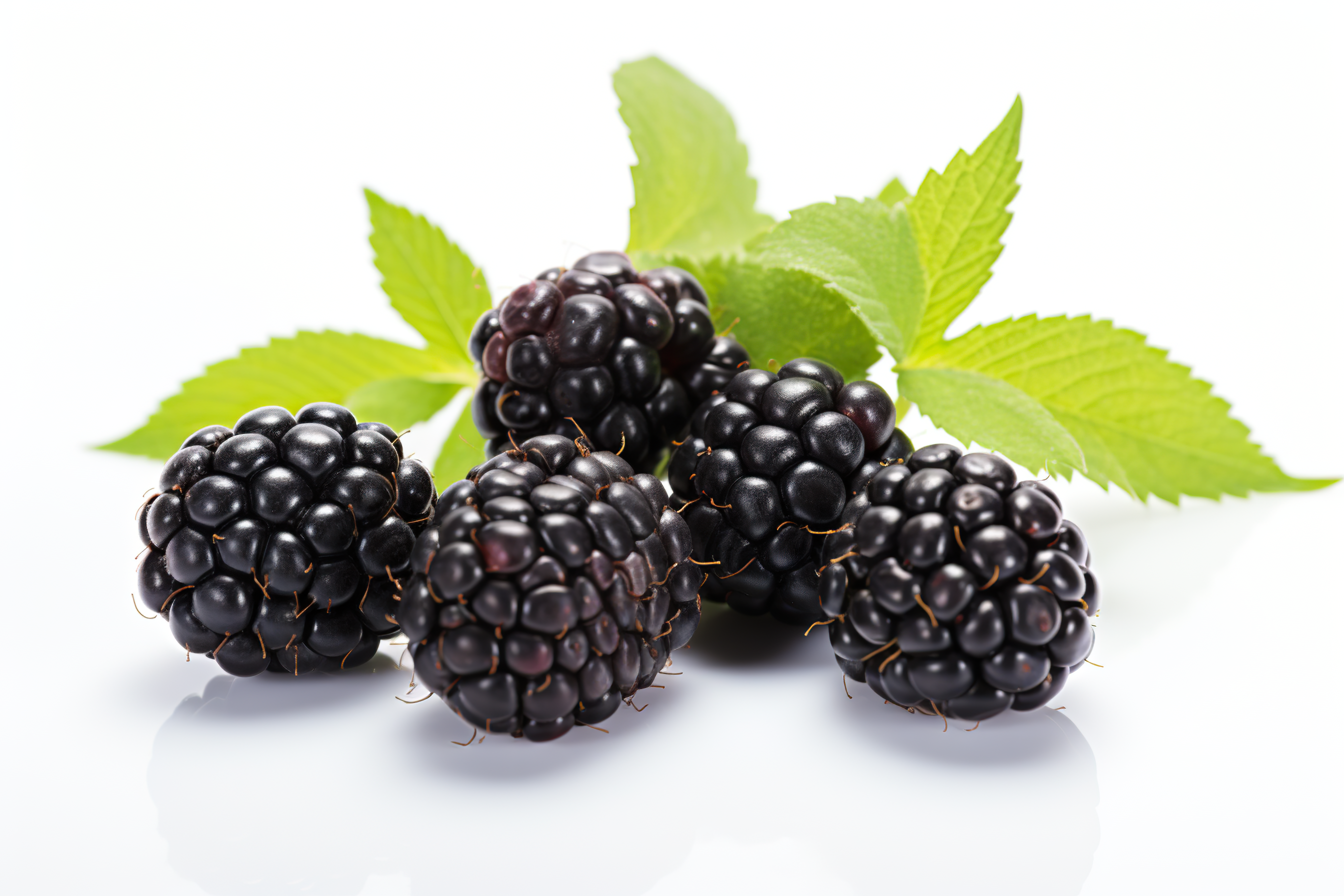 Blackberries with green leaves isolated on white background