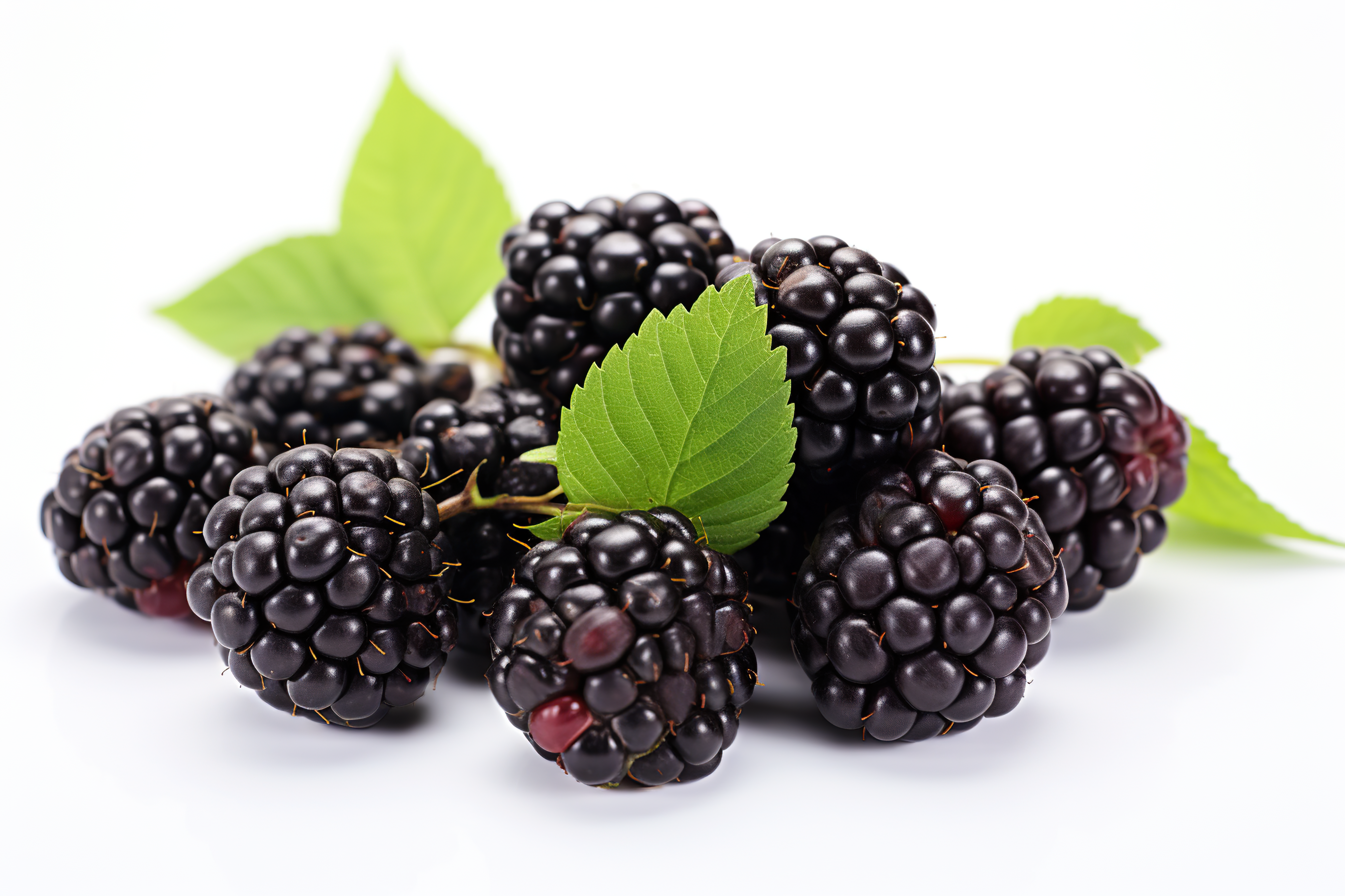 Blackberries with green leaves isolated on white background