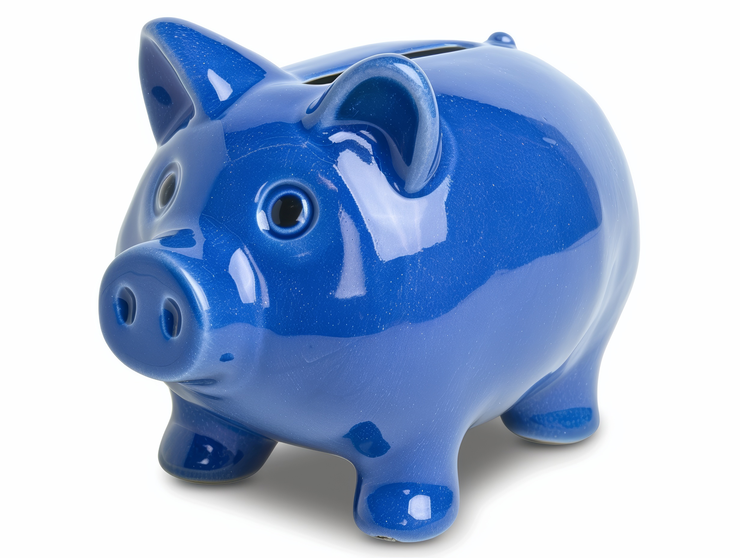 Blue ceramic piggy bank on a white background