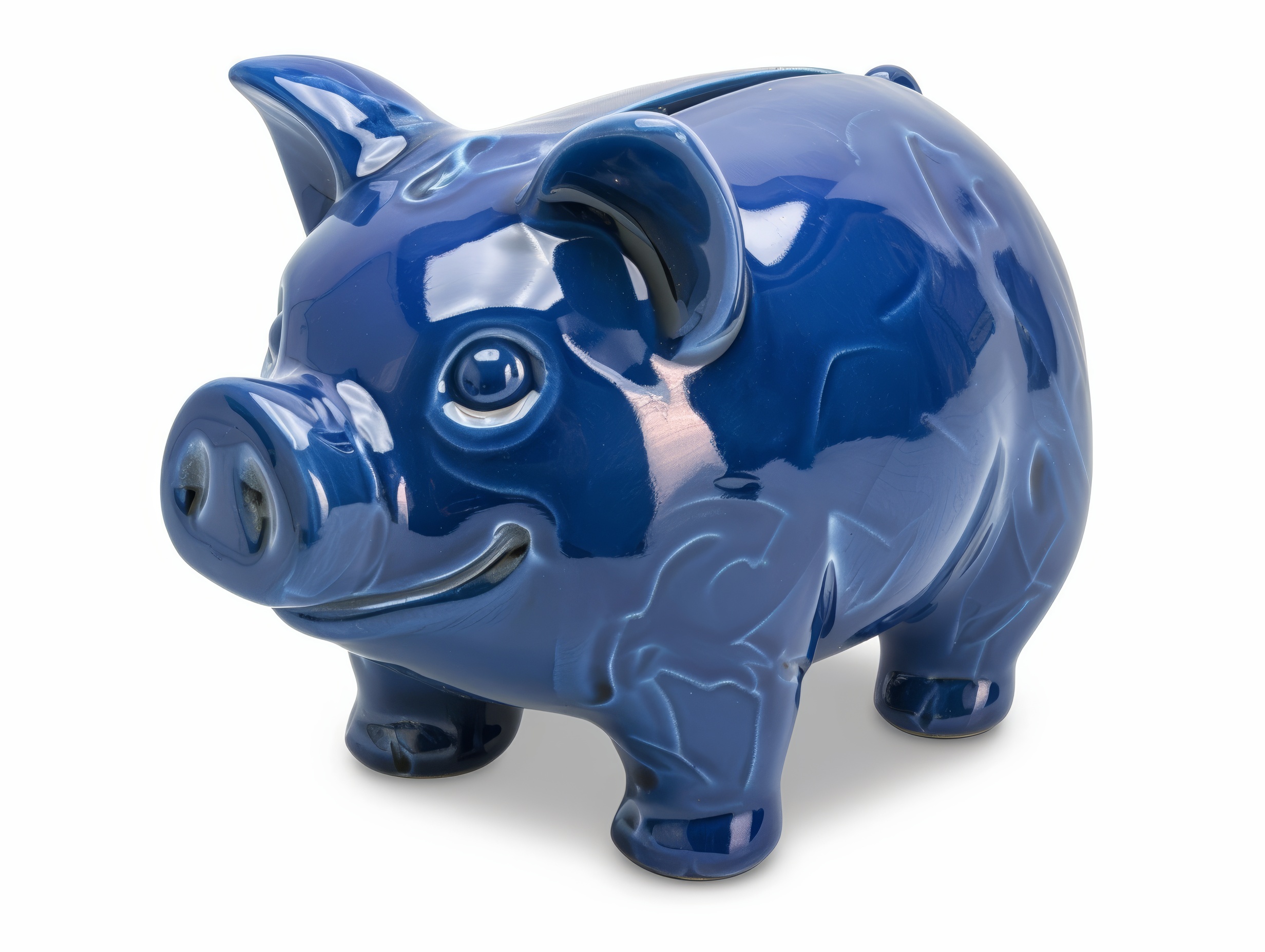 Blue ceramic piggy bank on a white background