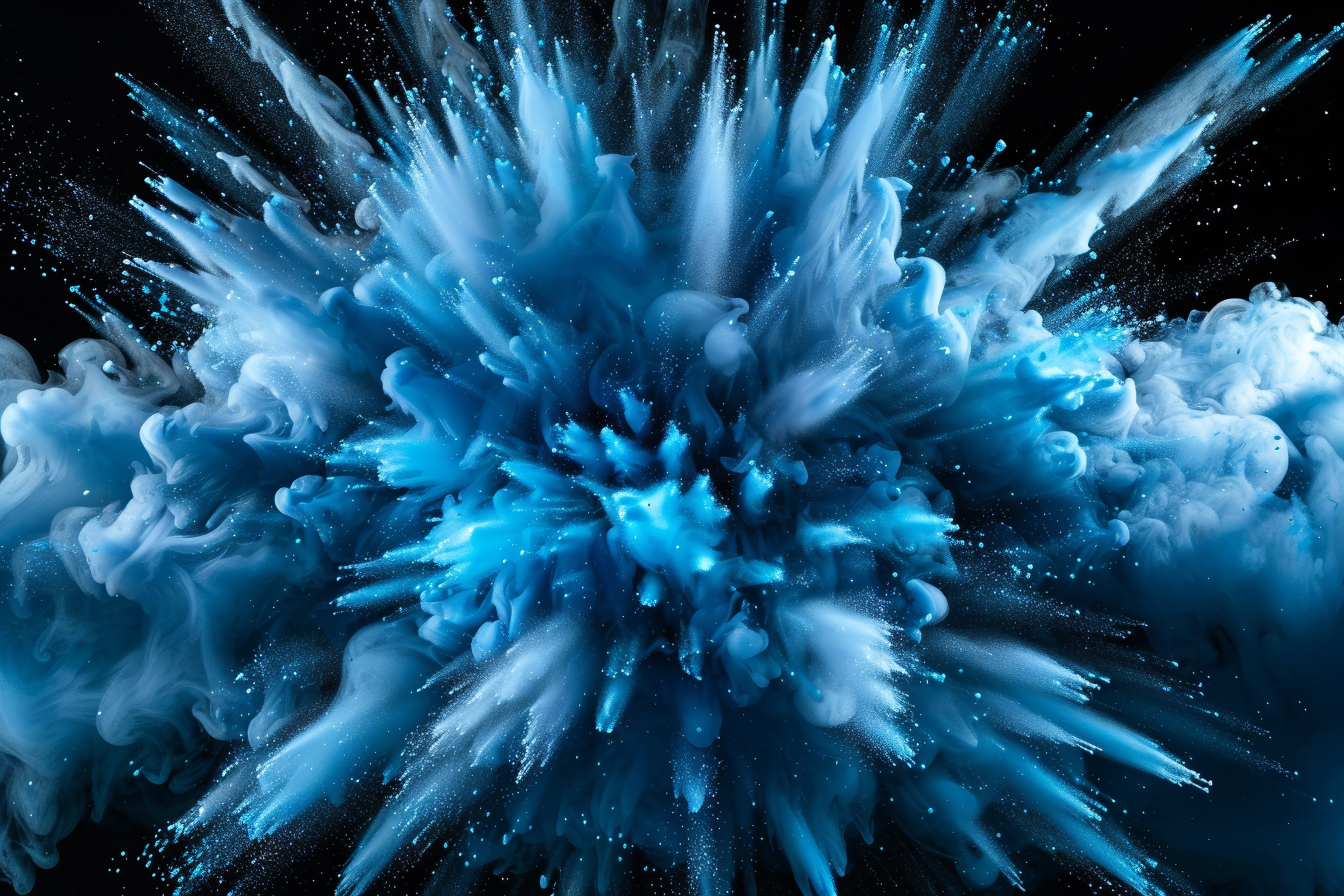 Blue powder explosion with black background