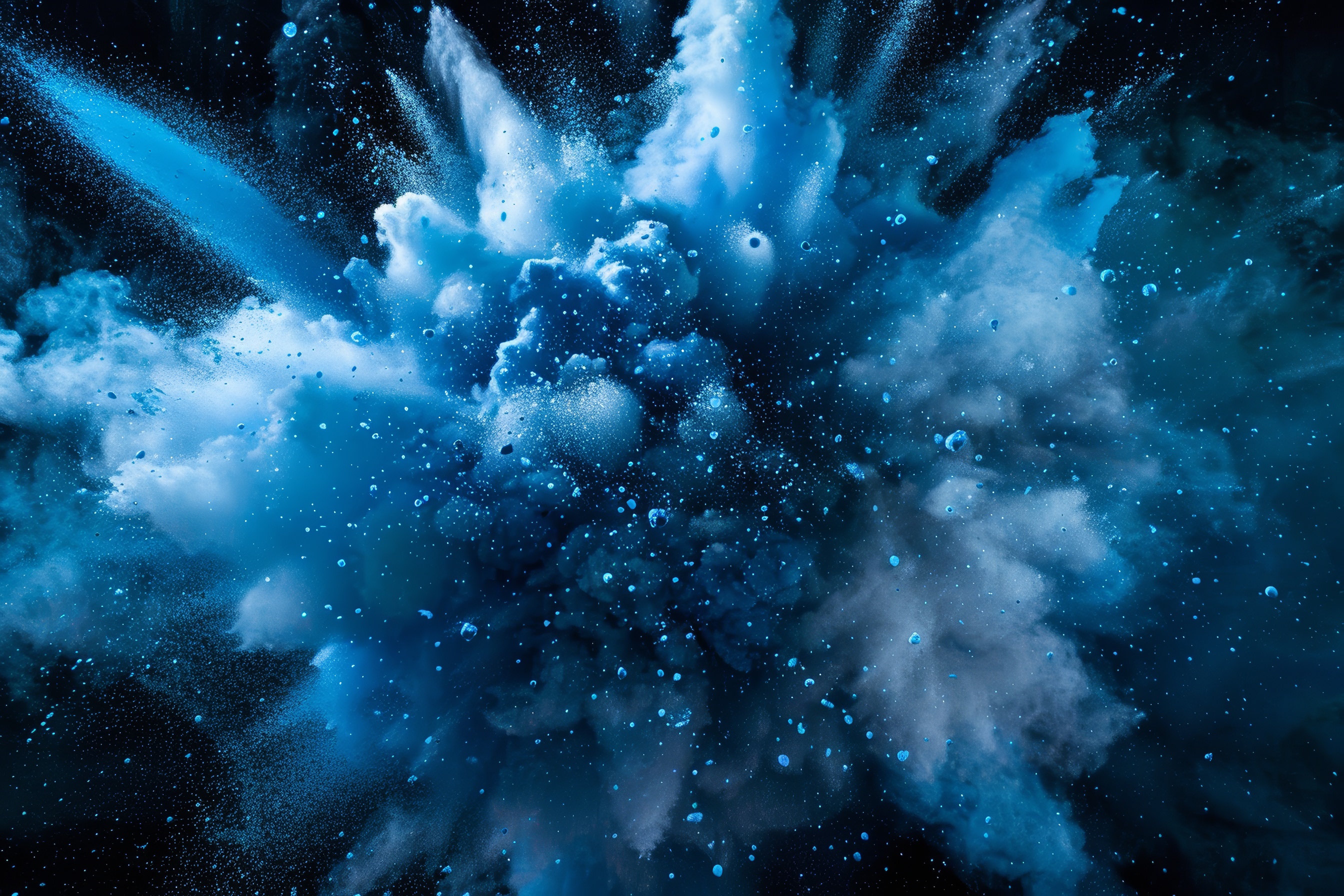 Blue powder explosion with black background