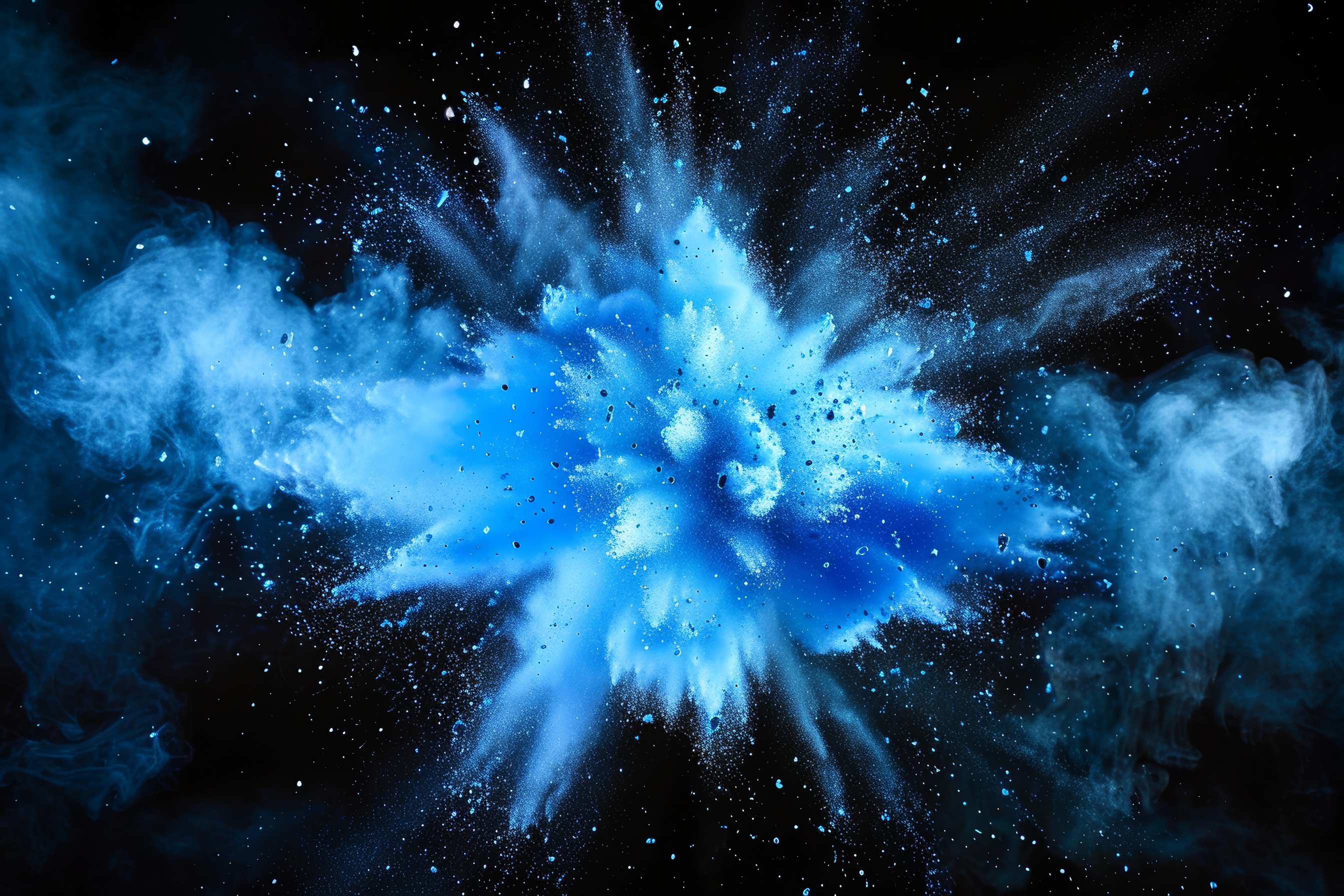 Blue powder explosion with black background