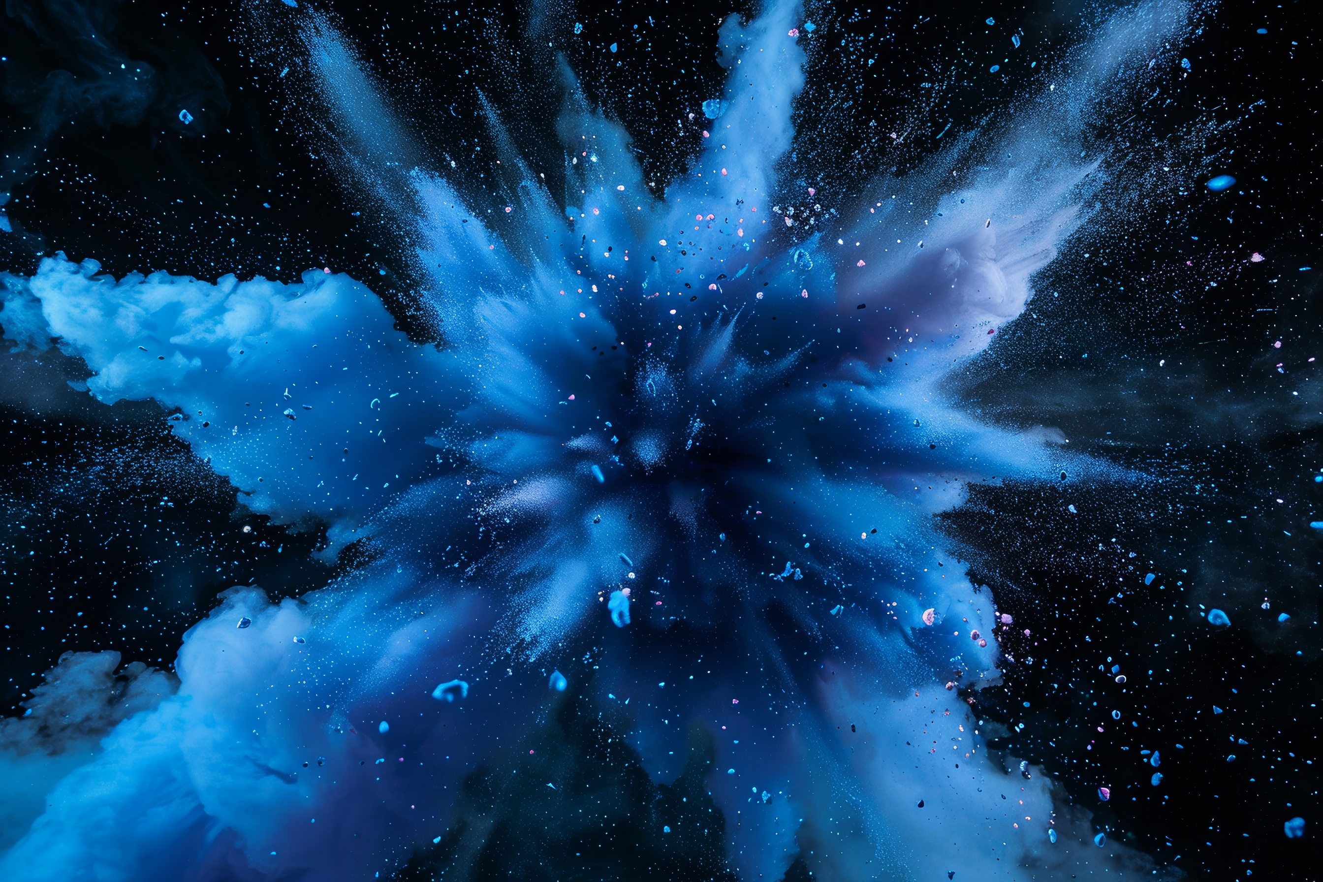 Blue powder explosion with black background