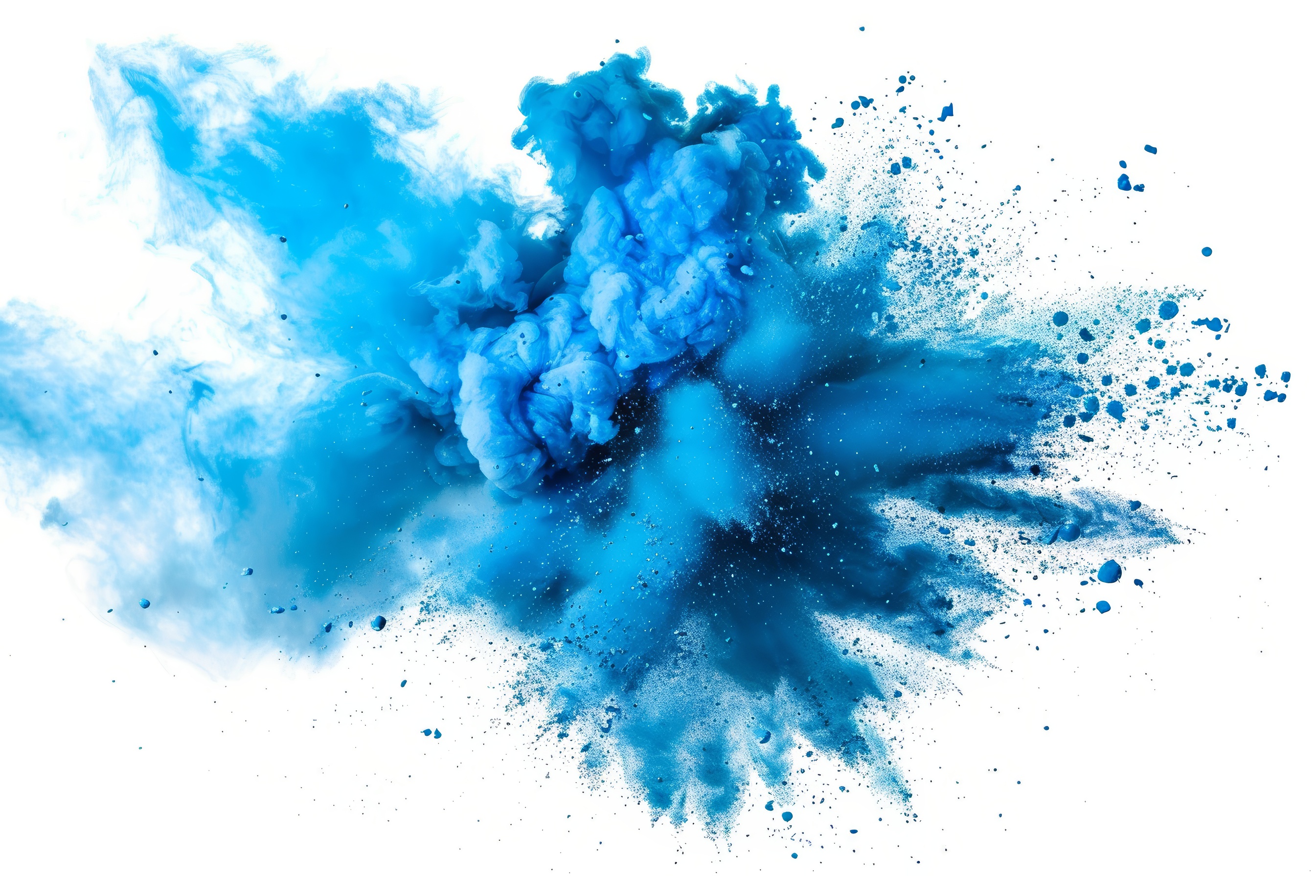 Blue powder explosion with white background