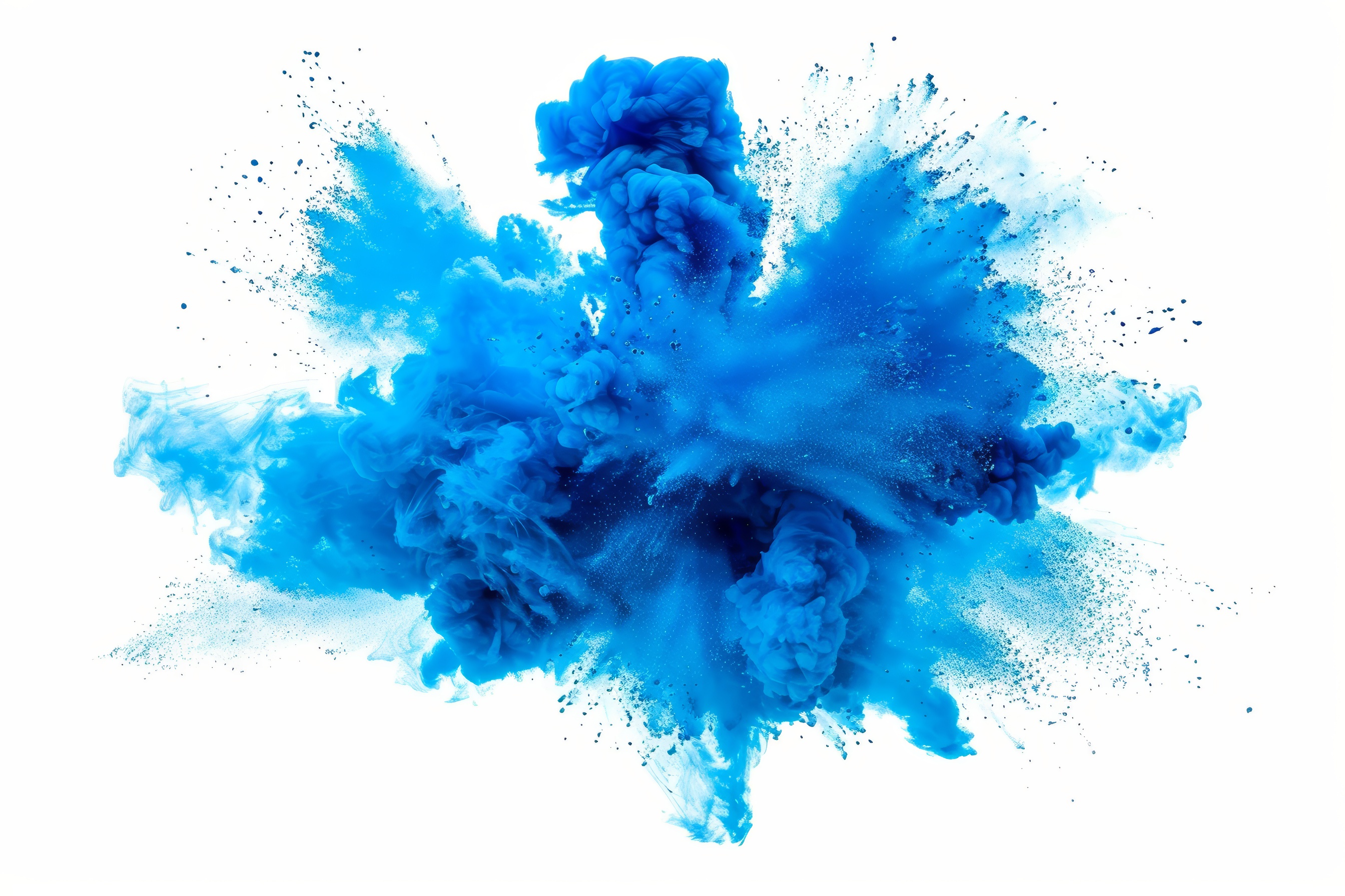 Blue powder explosion with white background