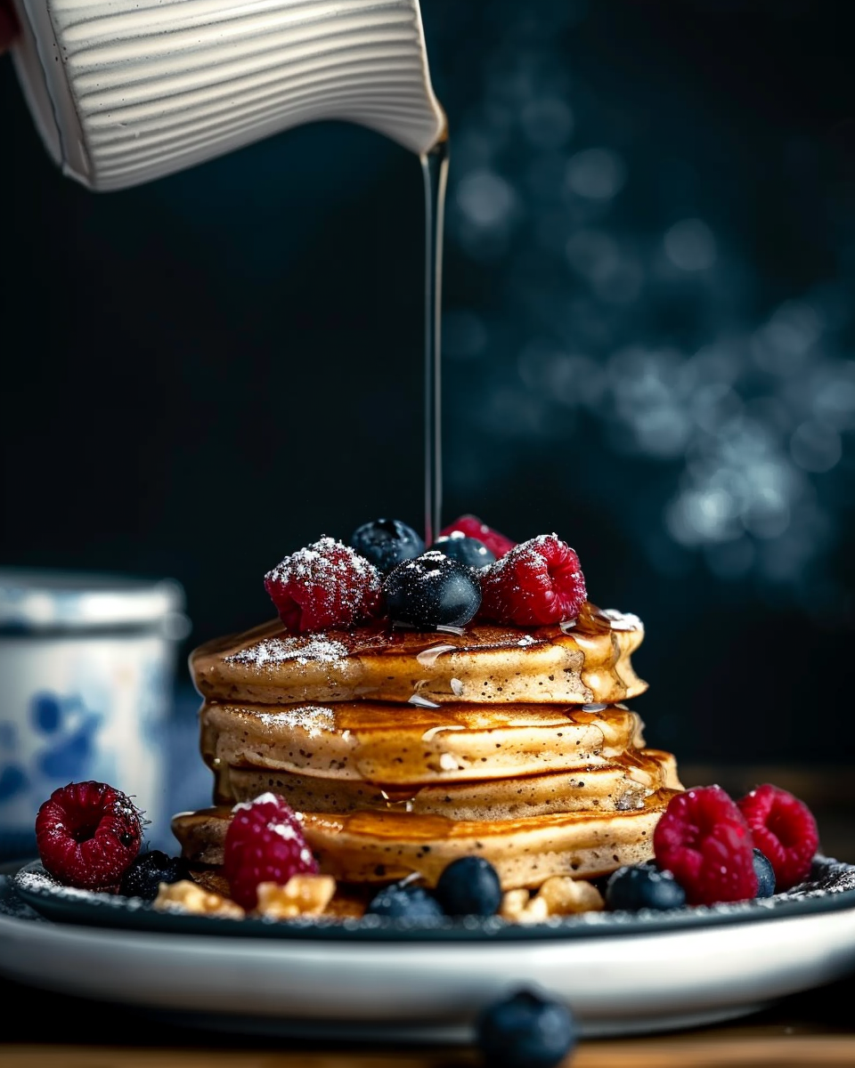 Blueberry and raspberries pancakes with fresh blueberries