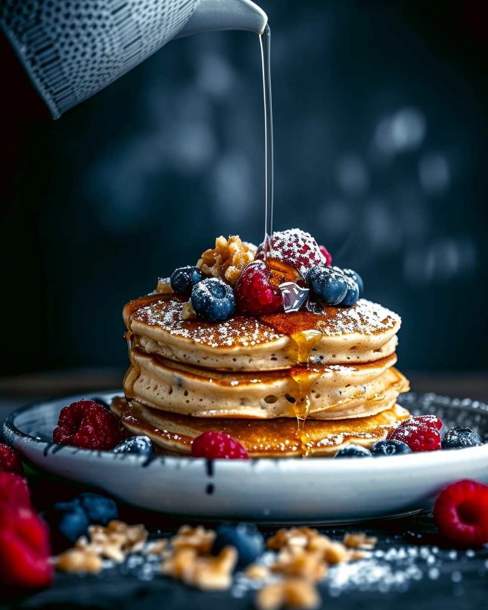 Blueberry and raspberries pancakes with fresh blueberries