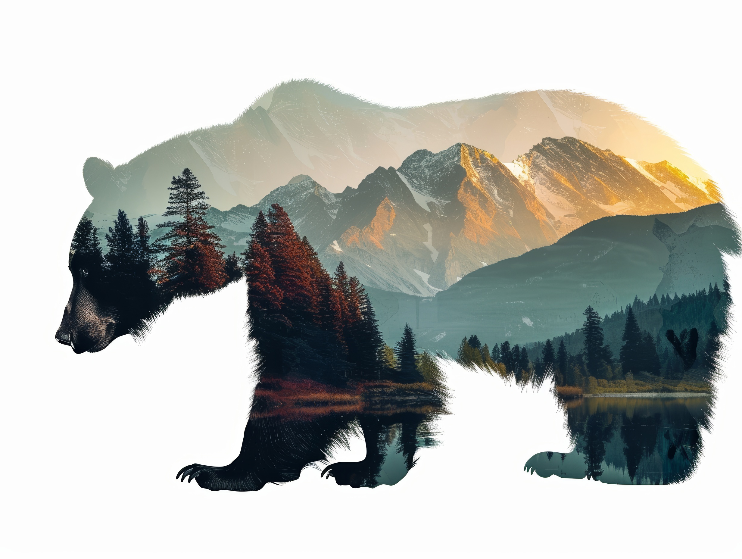 Brown bear double exposure with mountains